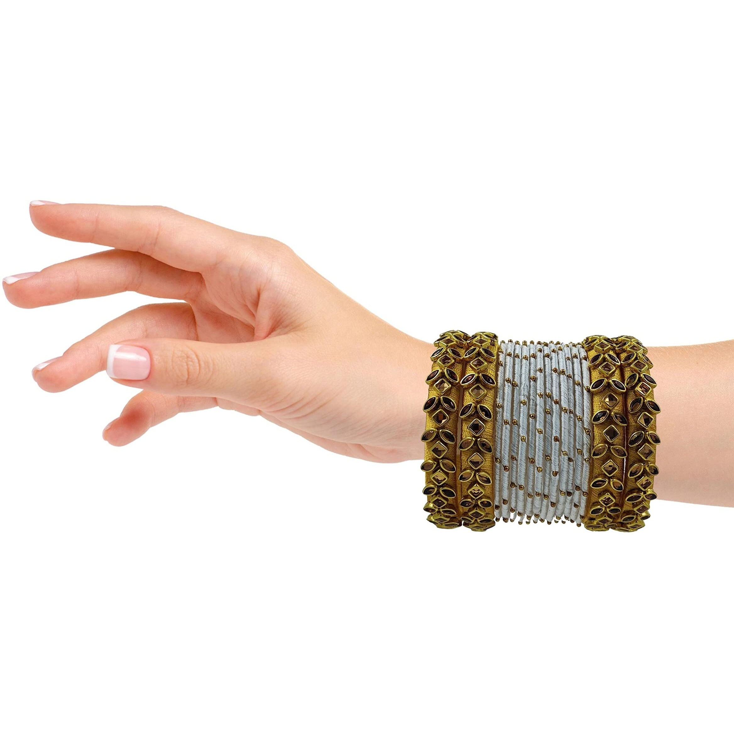 Yaalz Silk Thread Heavy Rich Kundan Stone Worked Beautiful Fancy Designer Festival Wear Wedding Chuda Bangle Sets For Women Girls In White_&_Gold Colors