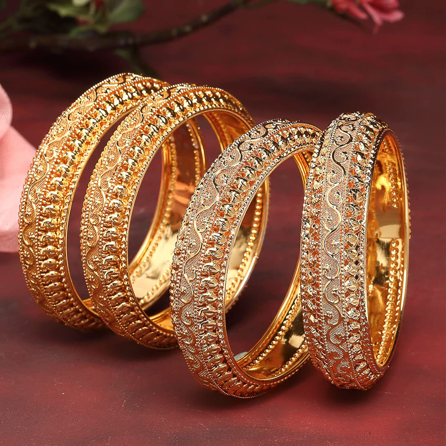 ZENEME Set Of 4 Oxidised Silver-Plated Classic Intricate Textured Bangles Jewellery Set for Girls and Women (Silver Toned, 2.4) (Gold, 2.4)