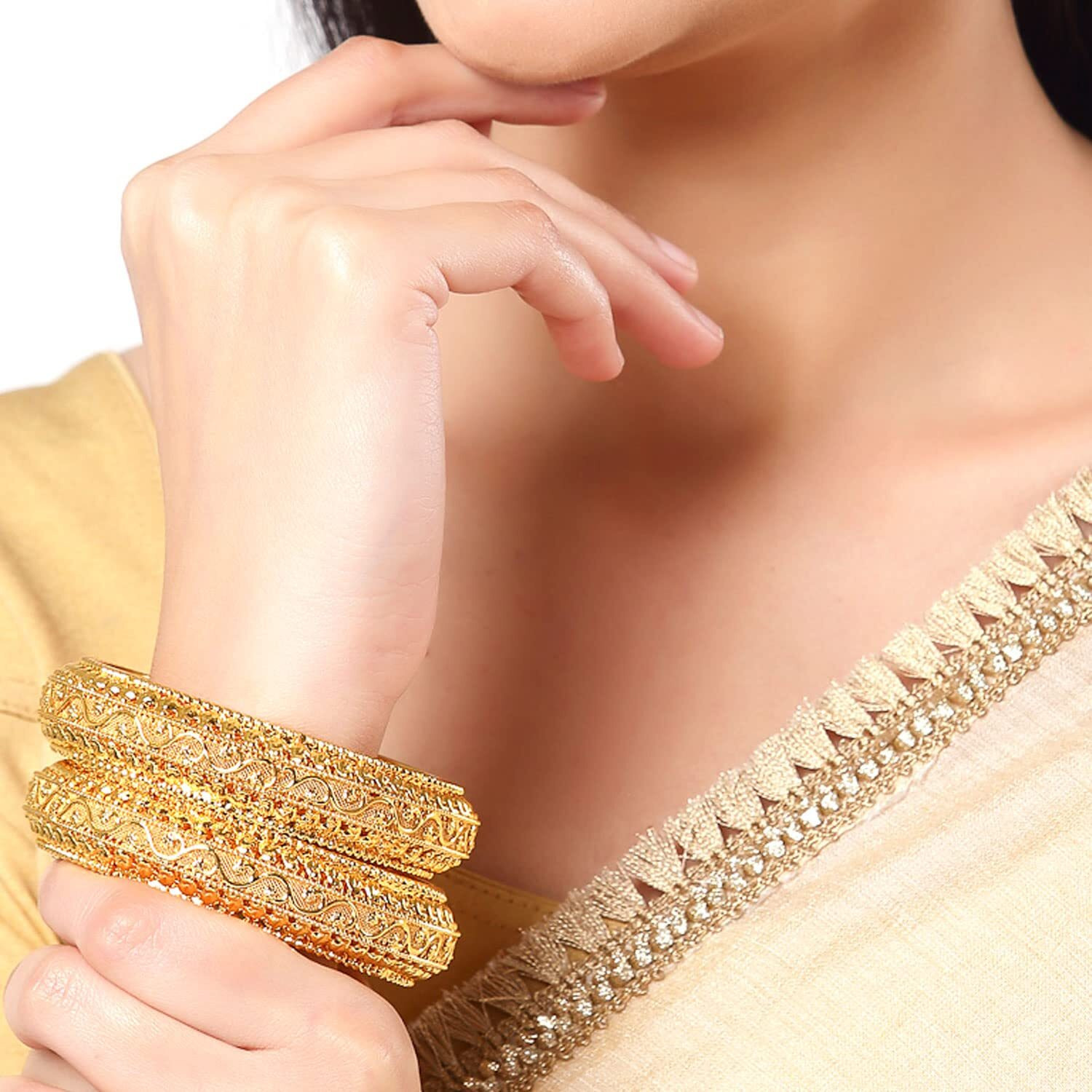 ZENEME Set Of 4 Oxidised Silver-Plated Classic Intricate Textured Bangles Jewellery Set for Girls and Women (Silver Toned, 2.4) (Gold, 2.4)