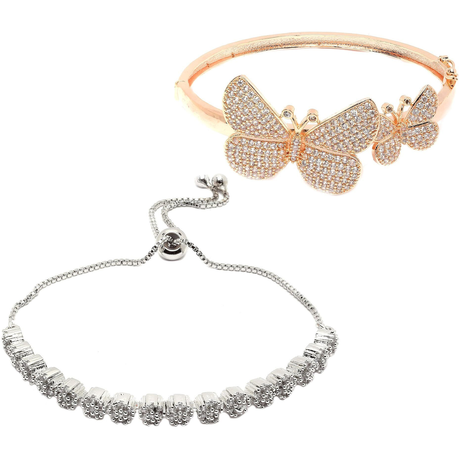 ZENEME Rose Gold-Plated White American Diamond Studded Round & Butterfly Shaped Set Of 2 Openable & Adjustable Bracelet For Women & Girl