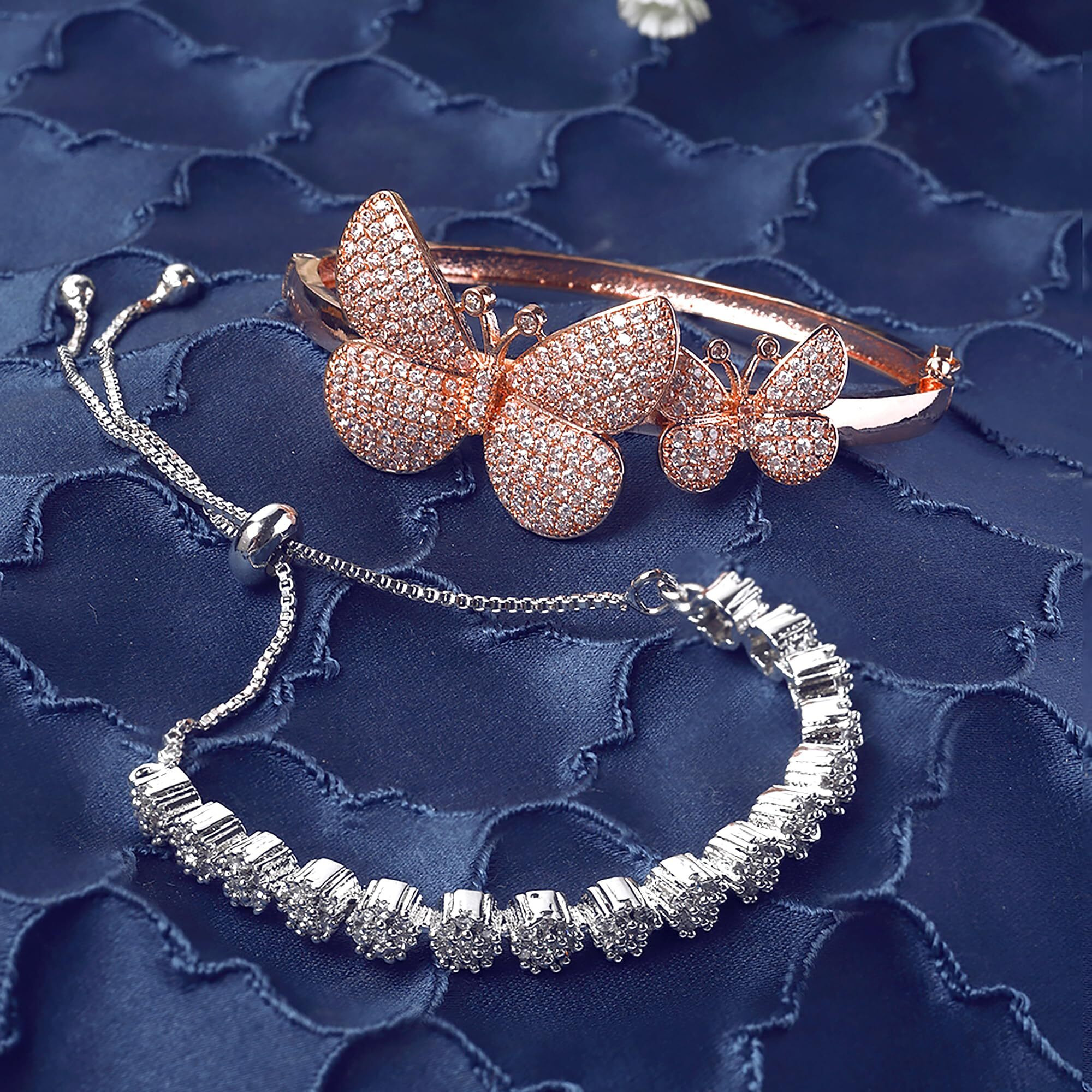 ZENEME Rose Gold-Plated White American Diamond Studded Round & Butterfly Shaped Set Of 2 Openable & Adjustable Bracelet For Women & Girl