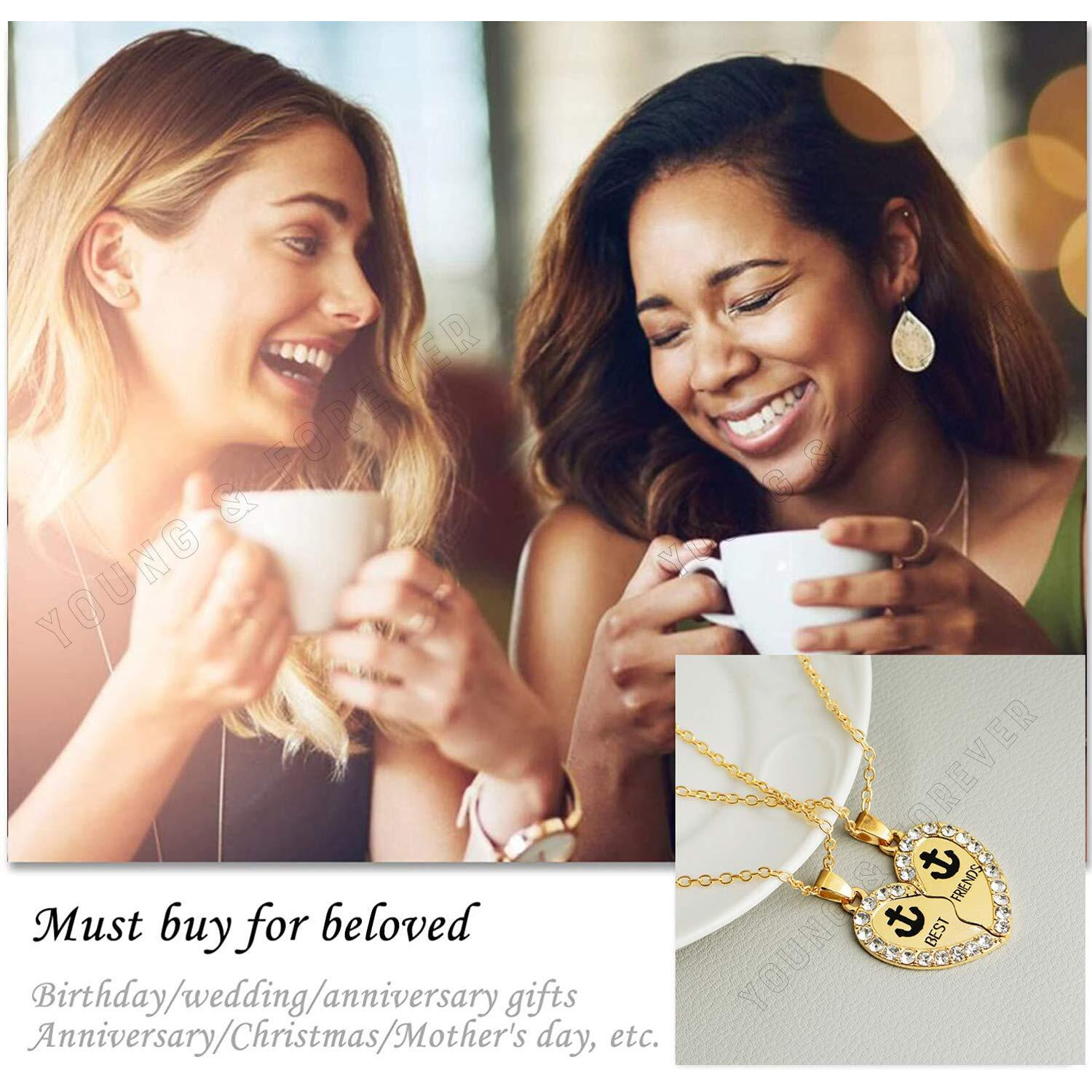 Young & Forever Gift Friendship Day Gift Special Necklace For 2 Best Friend Zircon Couple Gift For 2 Matching Heart Best Friends Forever Anchor Gold Pendant For Women