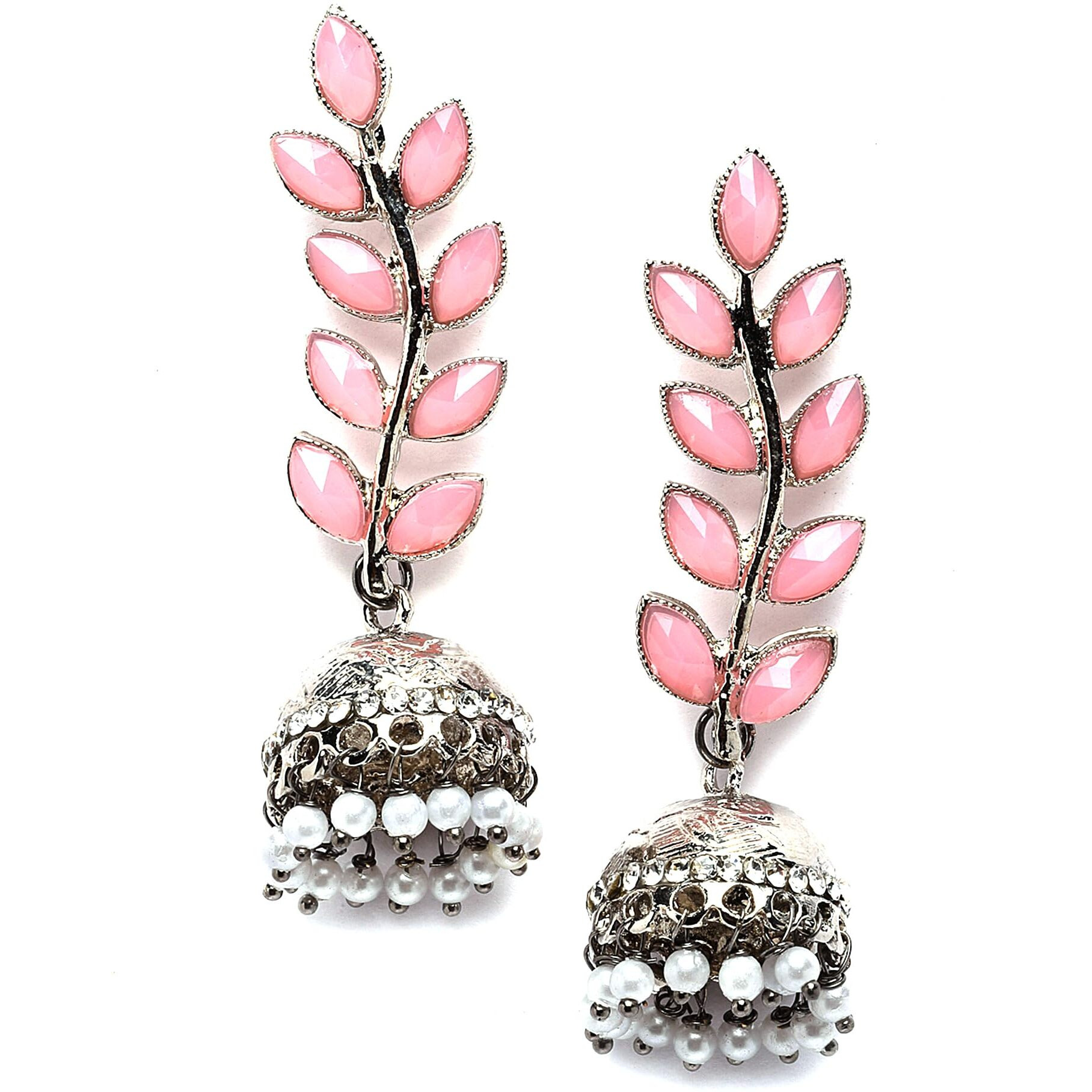 ZENEME Antique Rhodium Plated Dangler and Jhumka styled Earrings for girls and women (Pink-Silver)