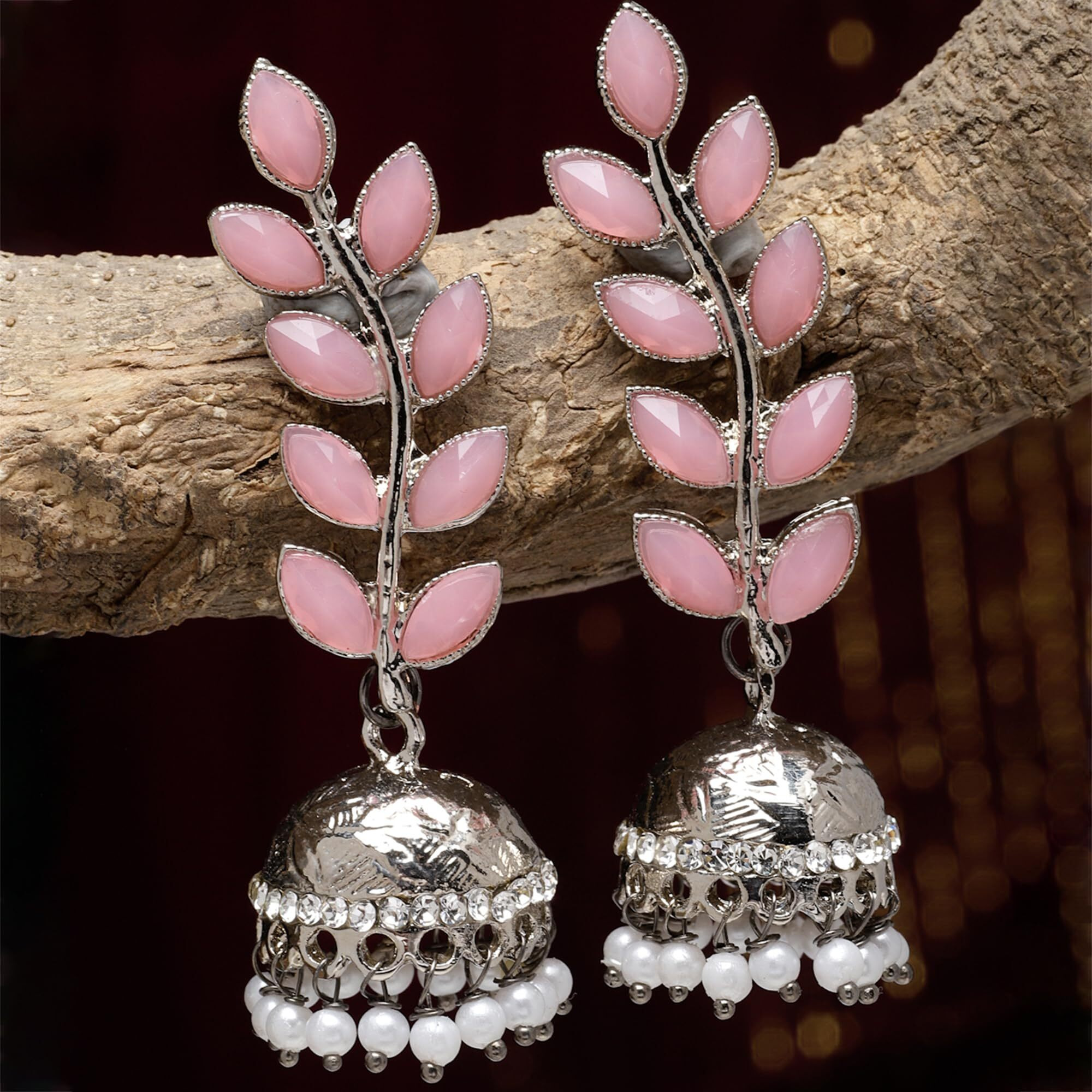 ZENEME Antique Rhodium Plated Dangler and Jhumka styled Earrings for girls and women (Pink-Silver)
