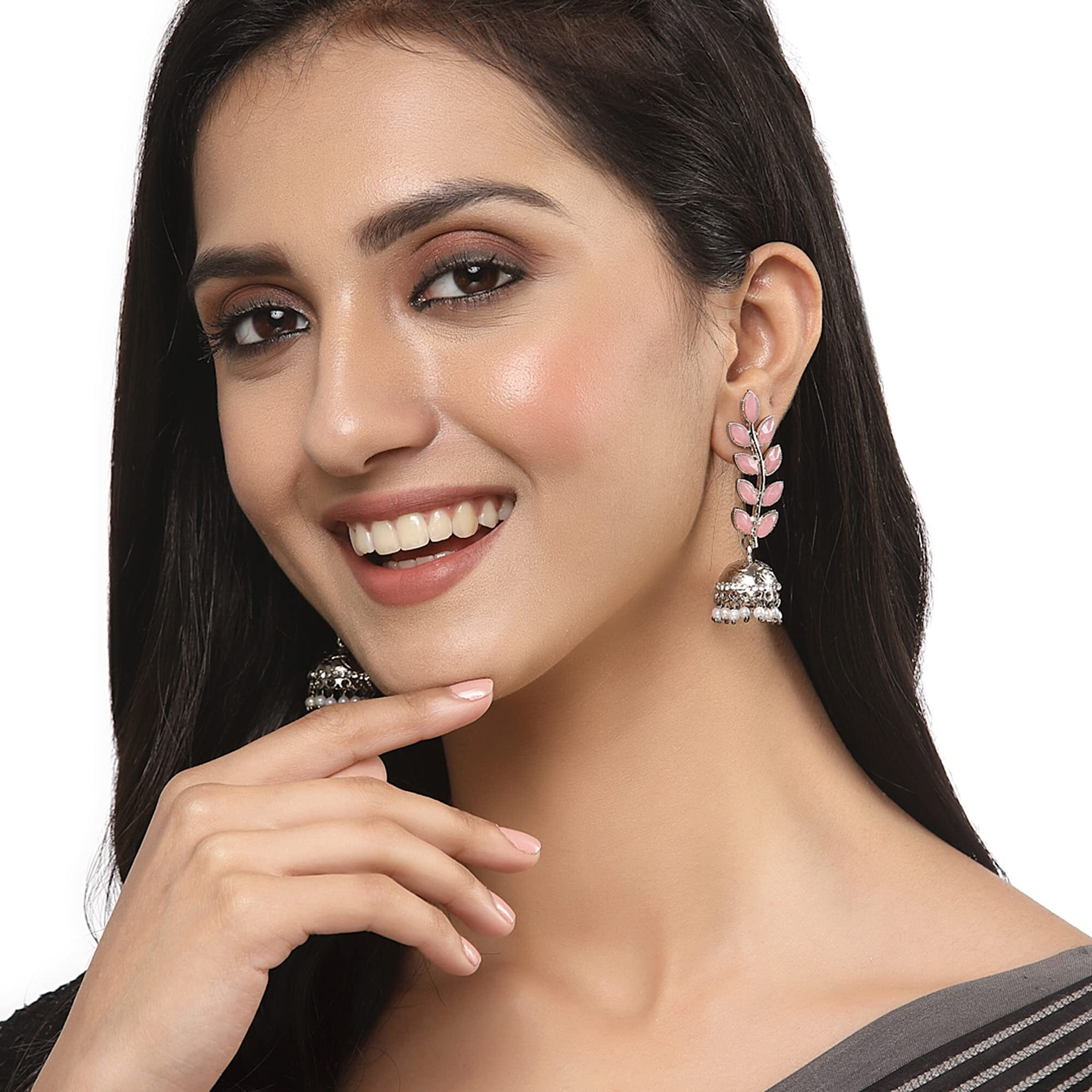 ZENEME Antique Rhodium Plated Dangler and Jhumka styled Earrings for girls and women (Pink-Silver)