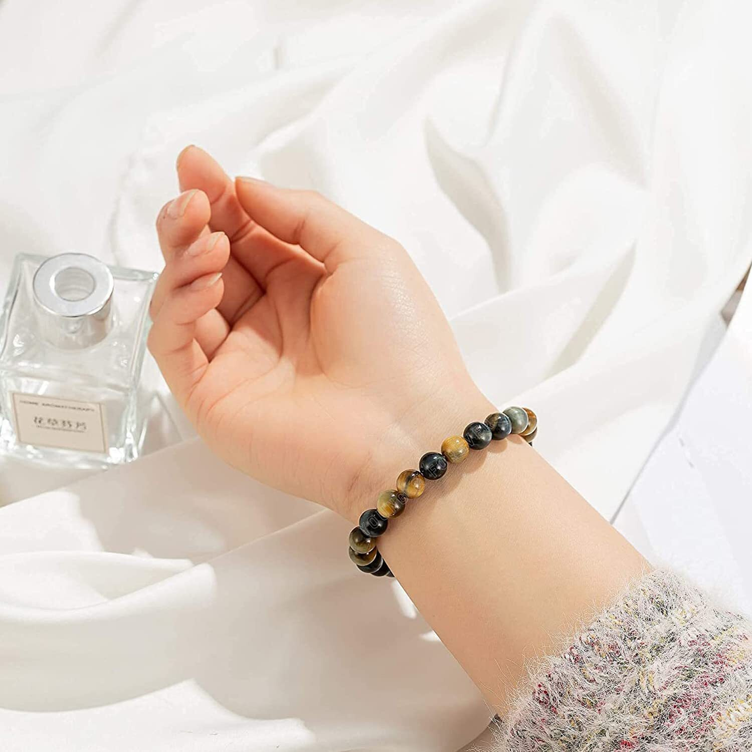 Young & Forever valentine gift for girlfriend boyfriend Certified Reiki Crystal Semi Precious Gemstone Honey Blue Tiger Eye Bracelet Strength and Courage Energy Healing Stone Stretch Bracelet for Men and Women