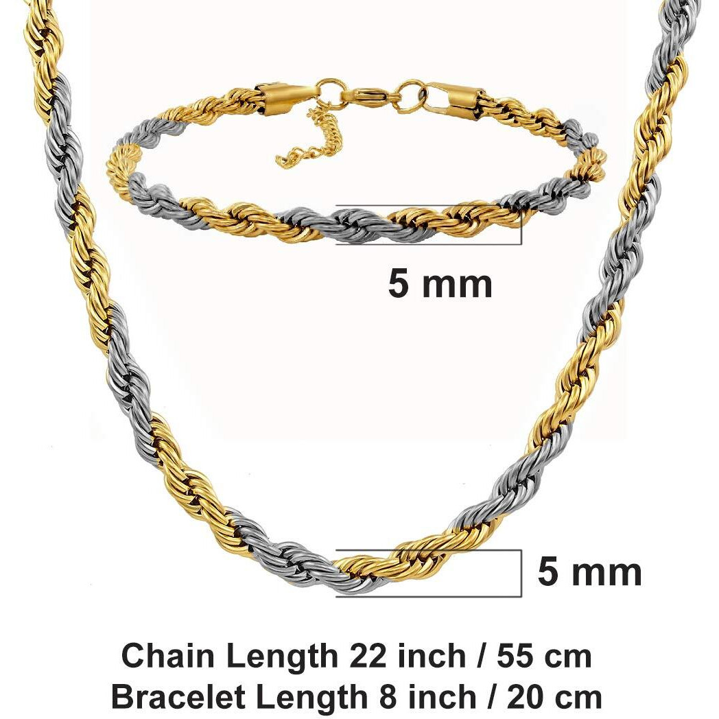 Nakabh Handmade Stainless Steel Chain Necklace Bracelet for Men Boys (0201) Golden Silver Rope