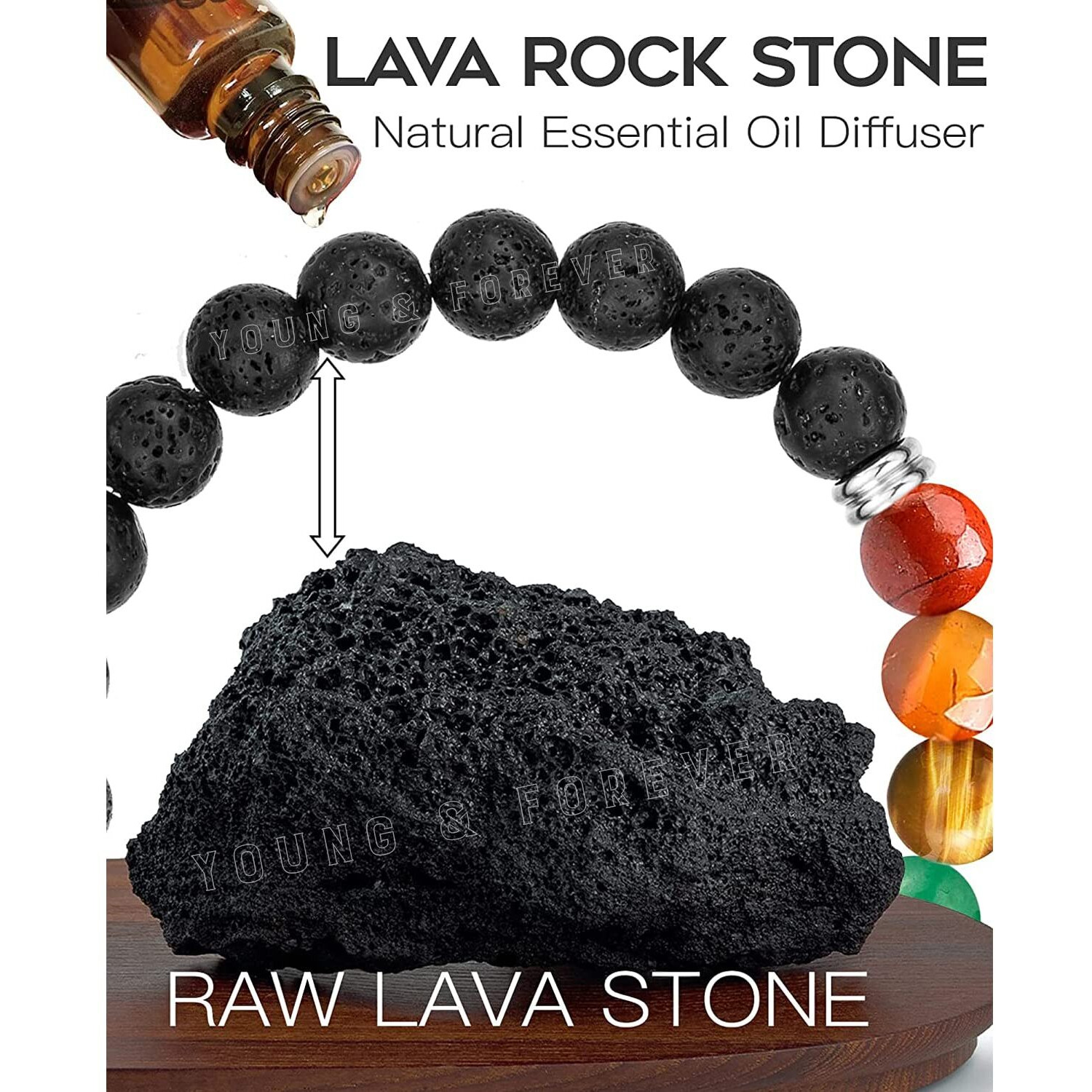 Young & Forever Gift 7 Chakra Unisex Adult Bracelet original set of 2 Lava Rock and Tiger Eye