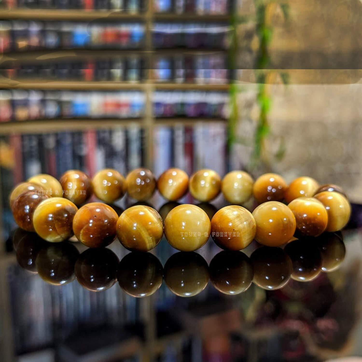 Young & Forever Gift Natural Reiki Feng-Shui Healing Crystal Beaded Gem Stone Honey Yellow Tiger Eye Bracelet for Men and Women
