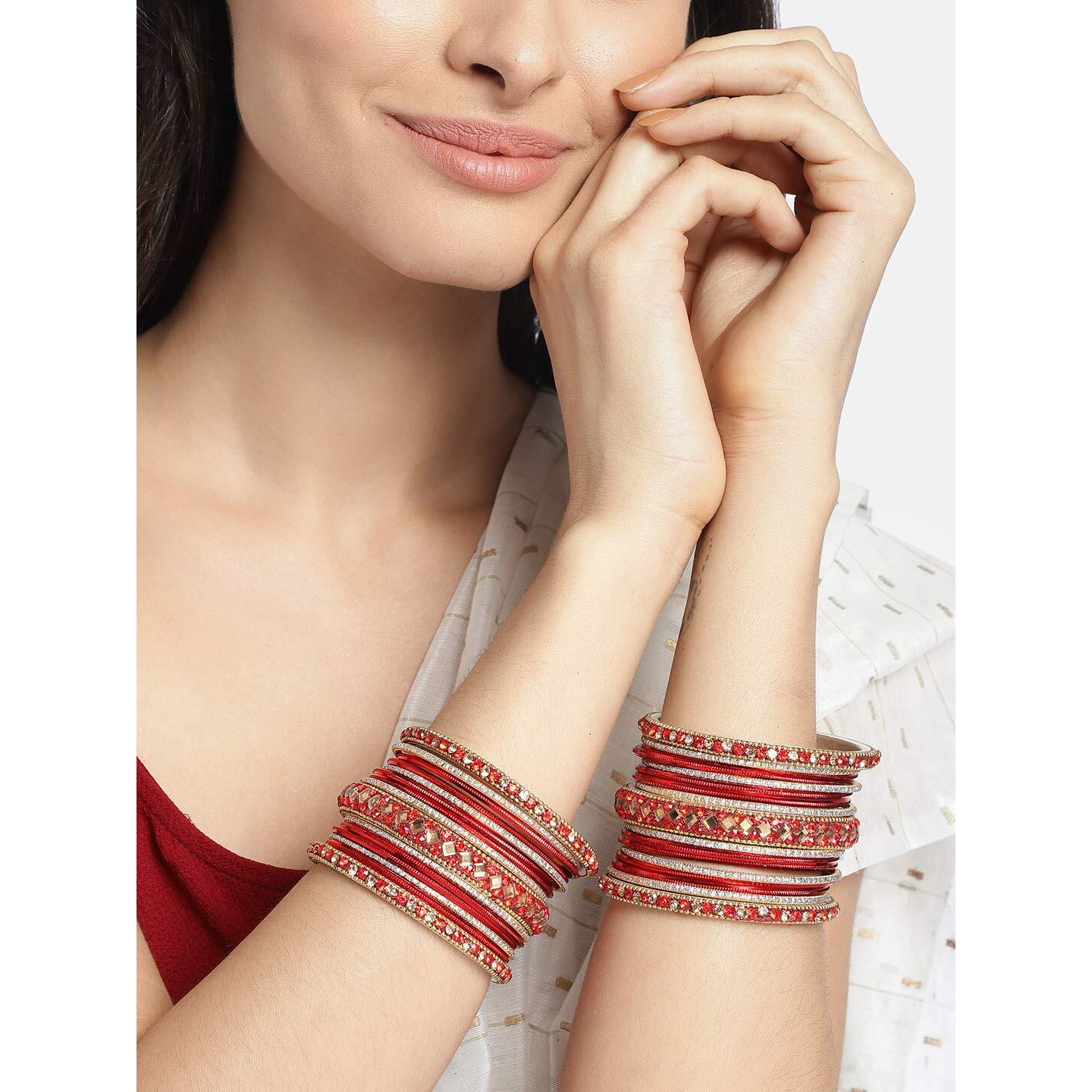 Peora Gold Plated Red Diamond Metal Chuda Chura Bangle Set Indian Traditional Bridal Fashion Jewellery for Women Girls (Size - 2.6)|Rakhi Rakshabandhan Gift for Sister Bhabhi, Gifts for Women