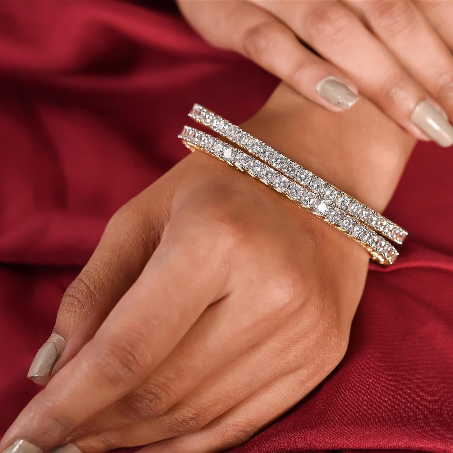 Ratnavali Jewels White American Diamond Gold Plated Cz Bangle Set For Women And Girls Rv785