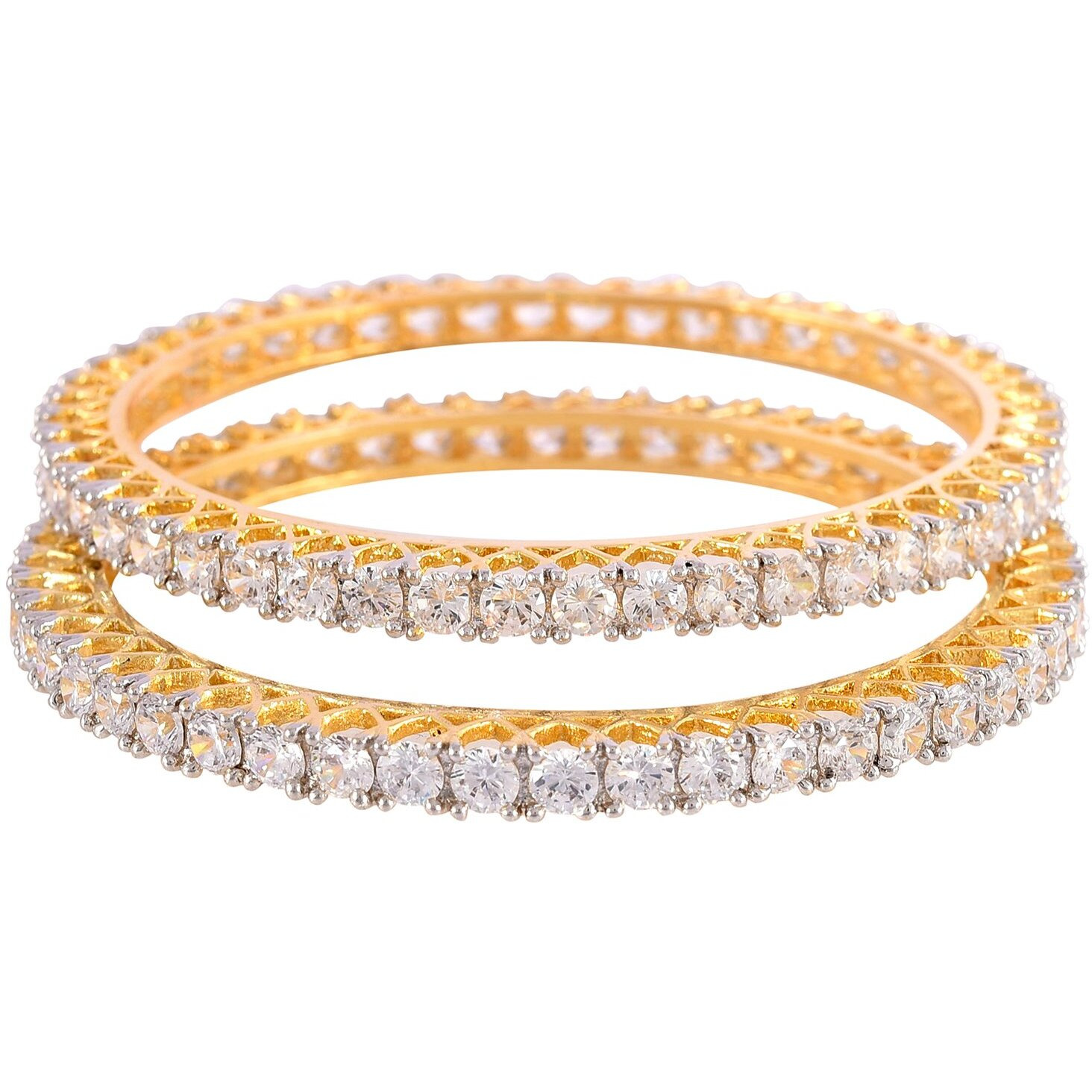 Ratnavali Jewels White American Diamond Gold Plated Cz Bangle Set For Women And Girls Rv785