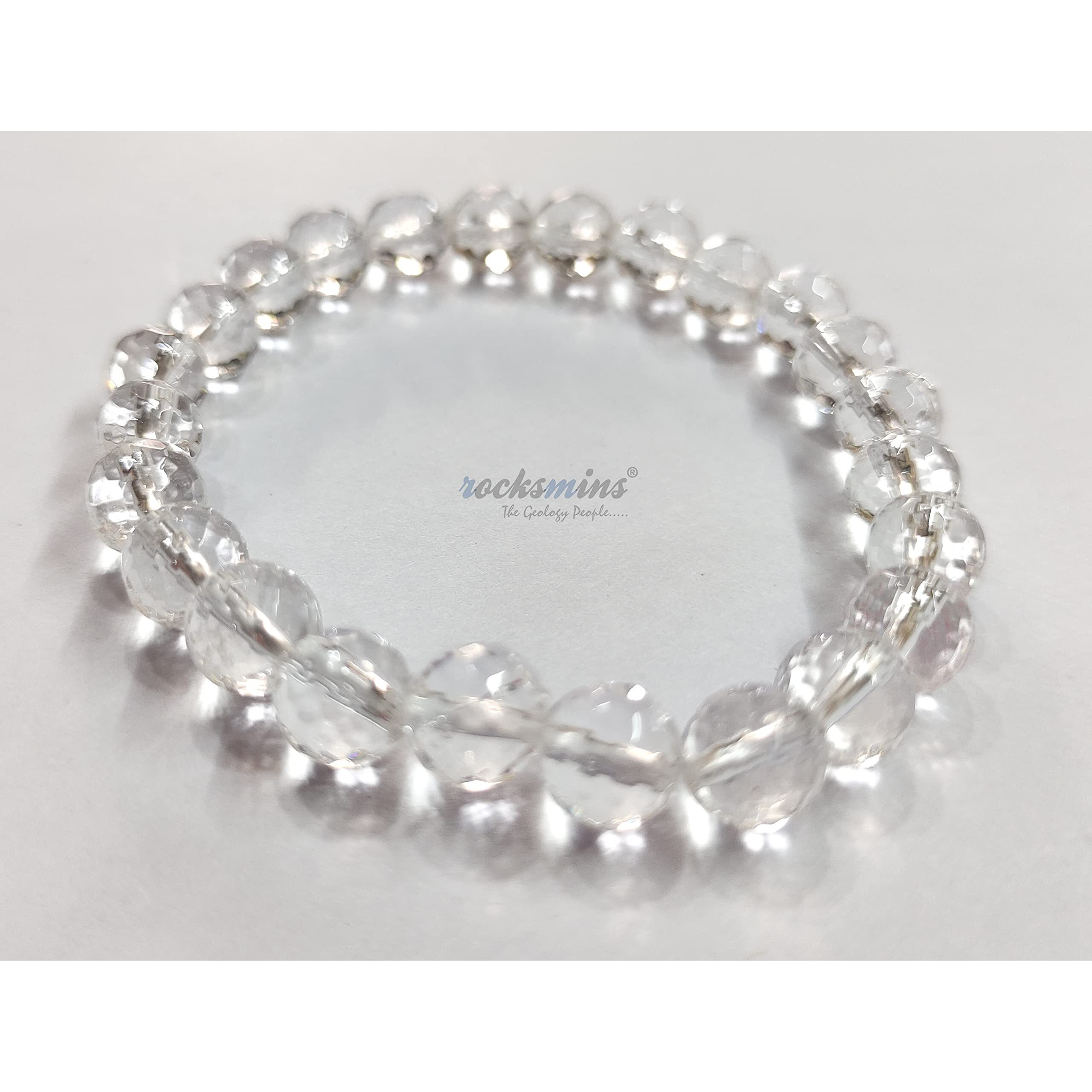 rocksmins Natural Quartz Clear Crystal Bracelet 8mm Diamond Cut Original Semi Precious Stone Beads For Reiki Crystal Healing, Protection, Chakra Balancing Unisex Men Women Stretchable - Colour Clear