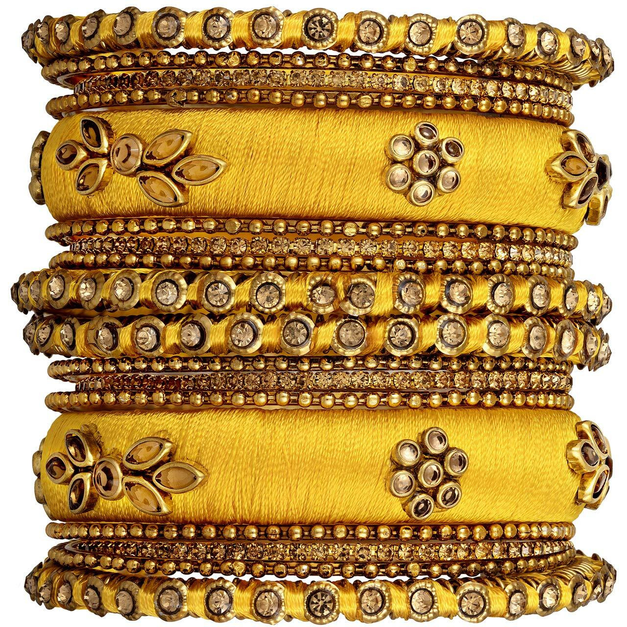 Peora Gold Plated Brass & Kundan Bangles Set for Women (Yellow)