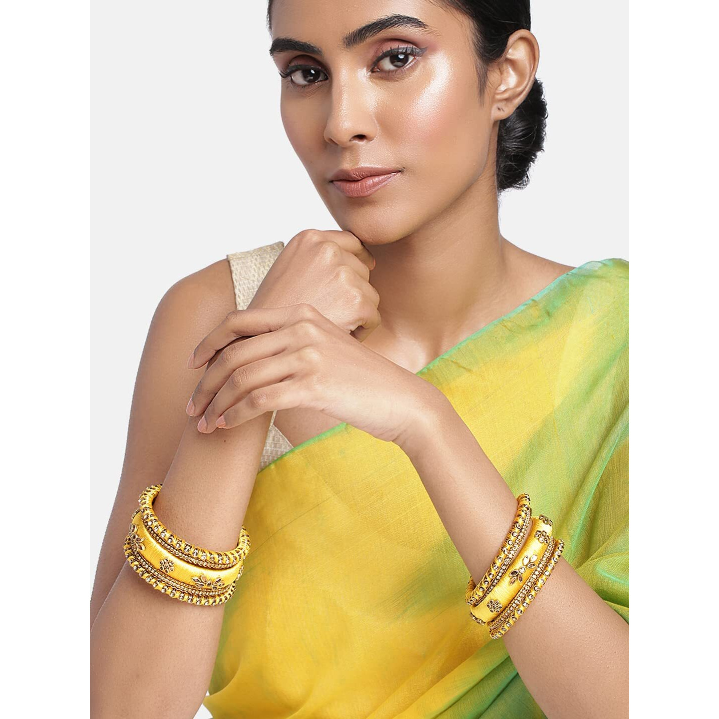 Peora Gold Plated Brass & Kundan Bangles Set for Women (Yellow)