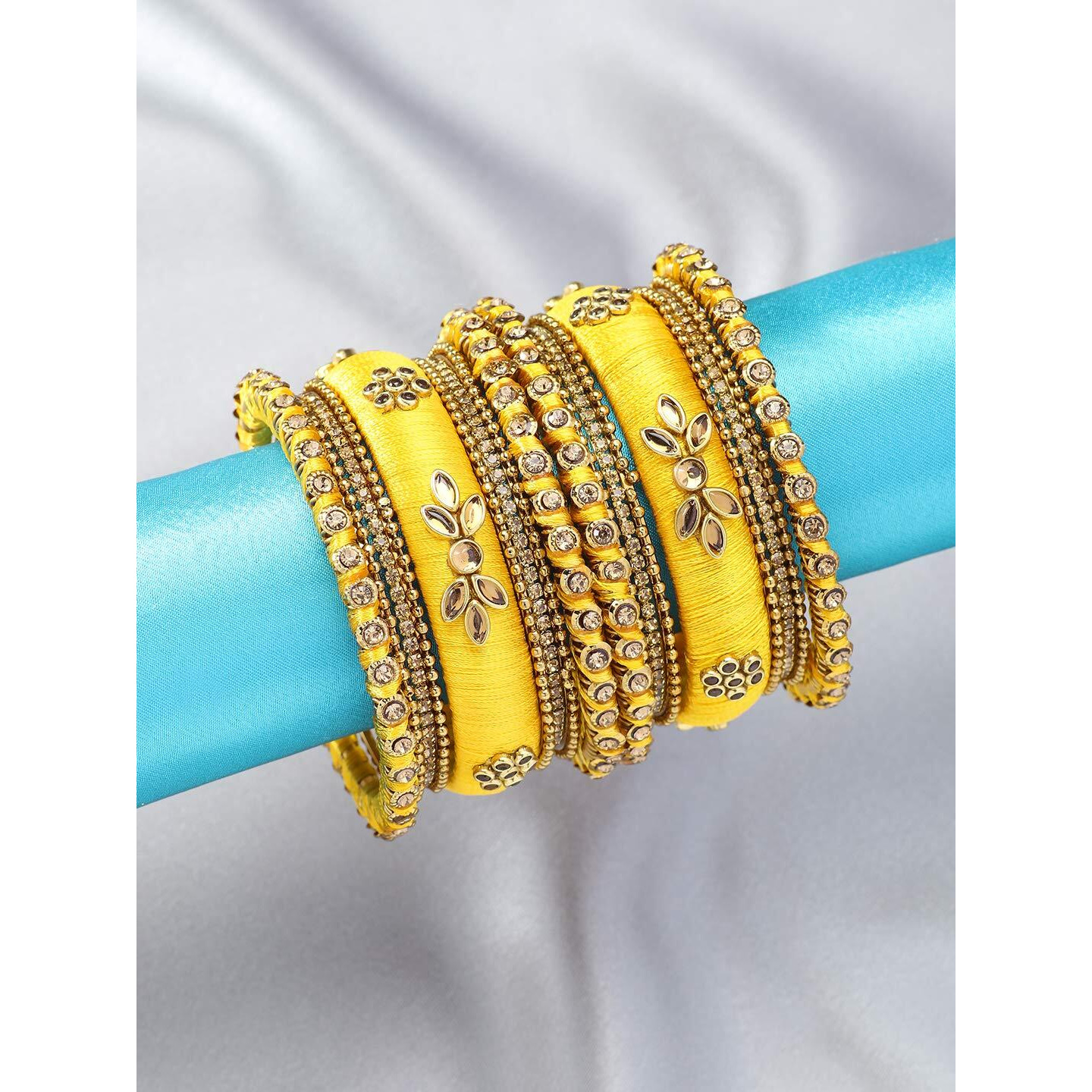 Peora Gold Plated Brass & Kundan Bangles Set for Women (Yellow)