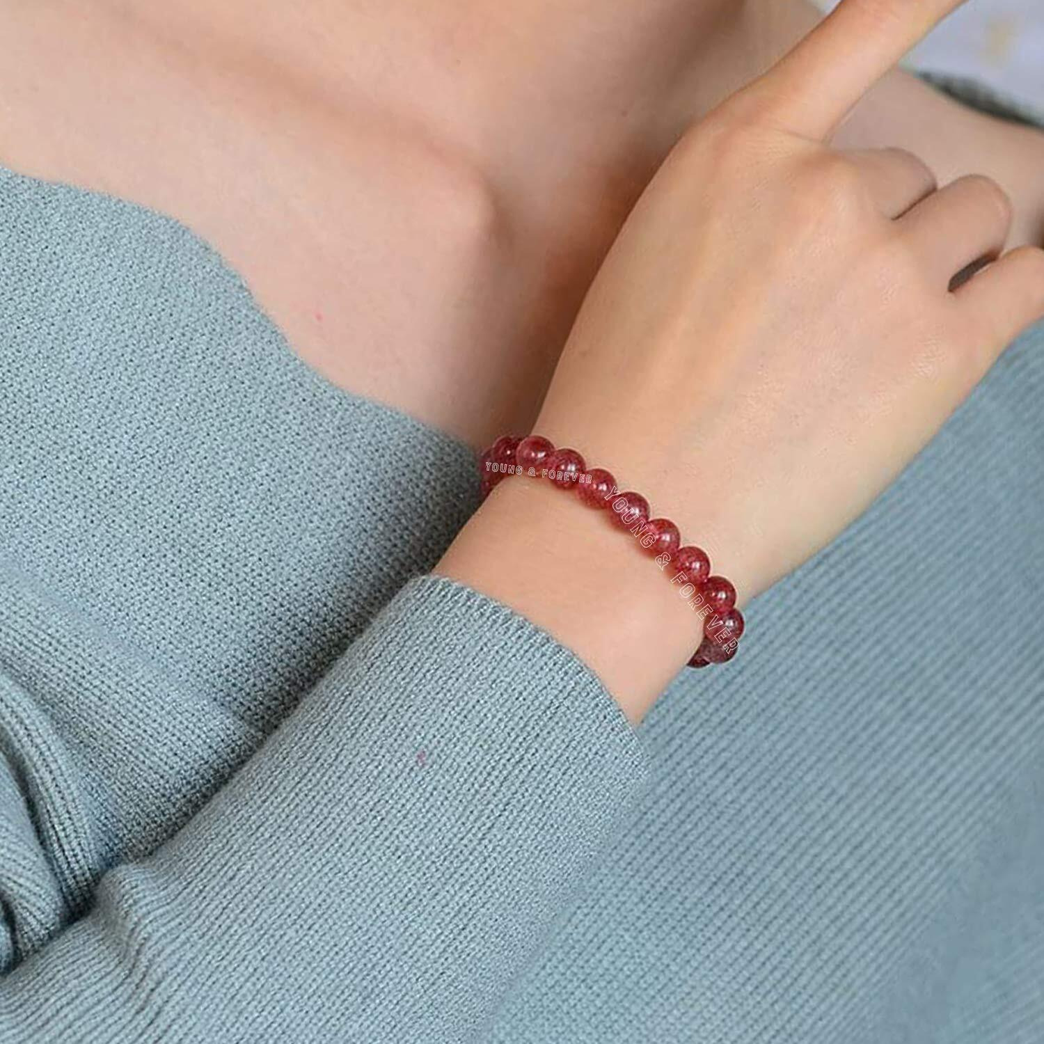 Young & Forever Gift Certified Reiki Crystal Semi Precious Gemstone Strawberry Quartz Bracelet for Soothing and Wisdom Healing Stone Stretch Bracelet for Men and Women