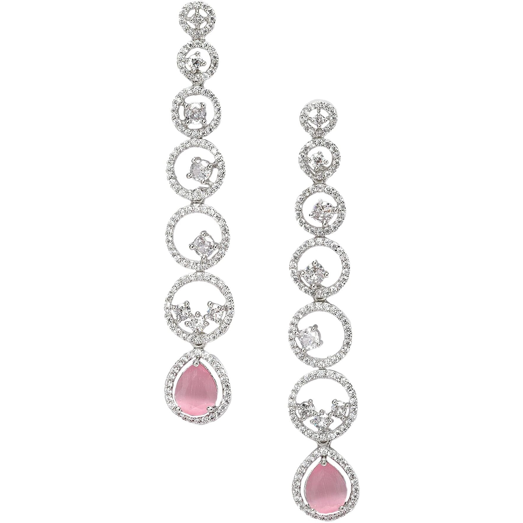 Zeneme Oxidised Silver-Plated American Diamond studded Circular Shaped Drop Earrings (Pink)