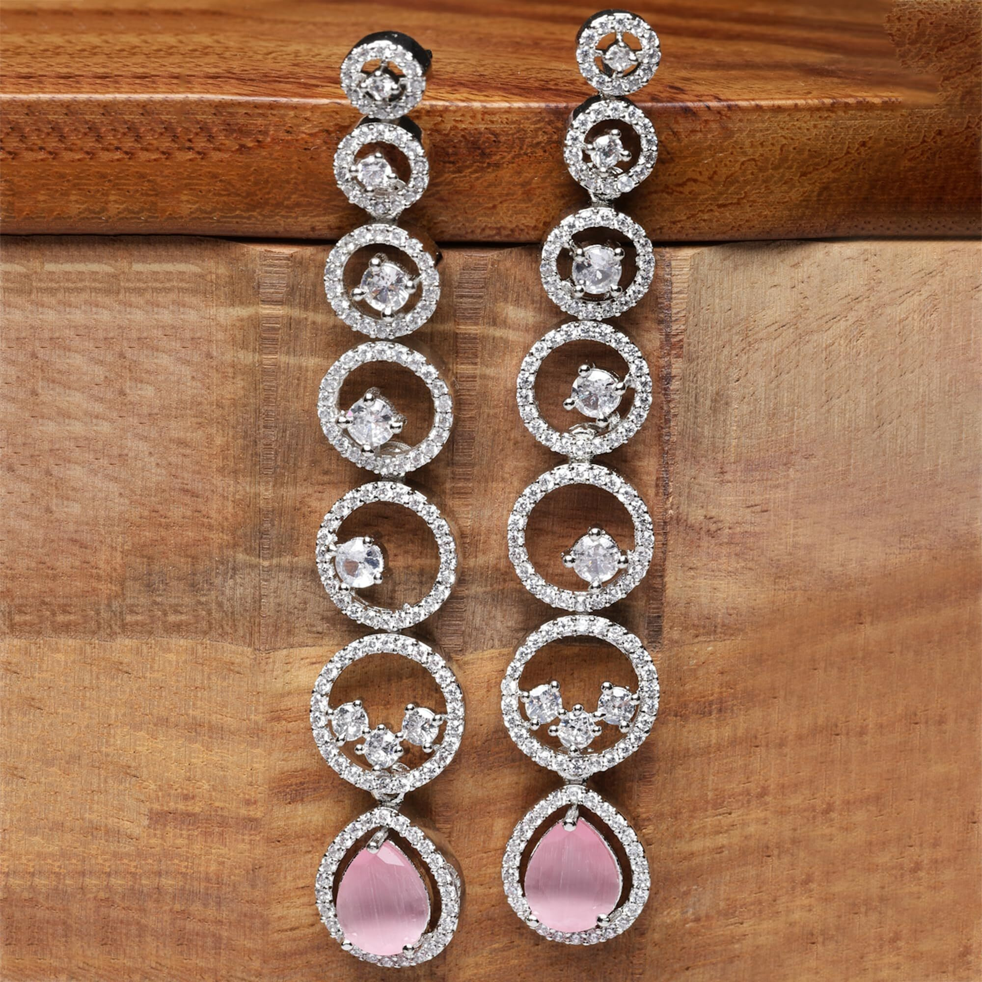 Zeneme Oxidised Silver-Plated American Diamond studded Circular Shaped Drop Earrings (Pink)