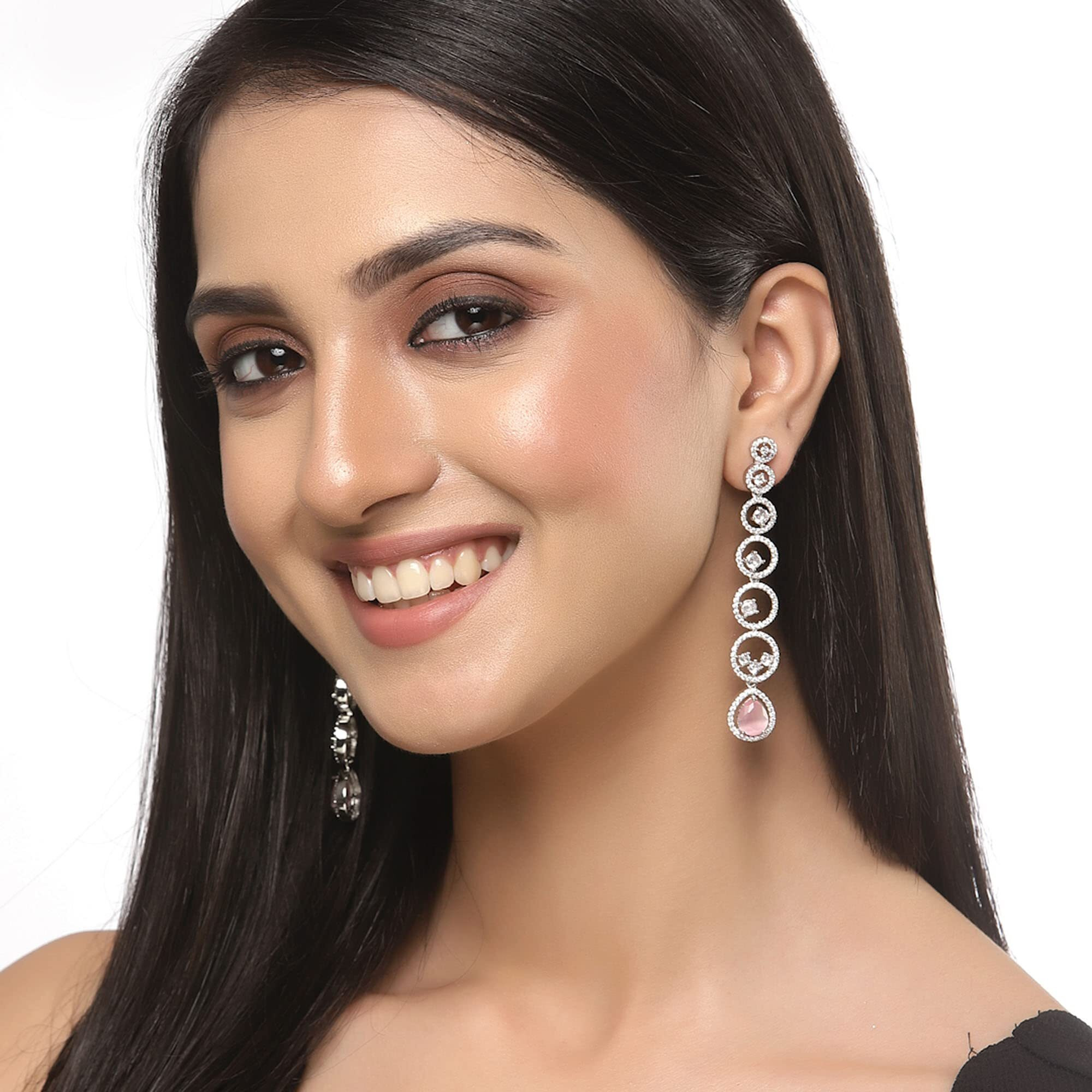 Zeneme Oxidised Silver-Plated American Diamond studded Circular Shaped Drop Earrings (Pink)