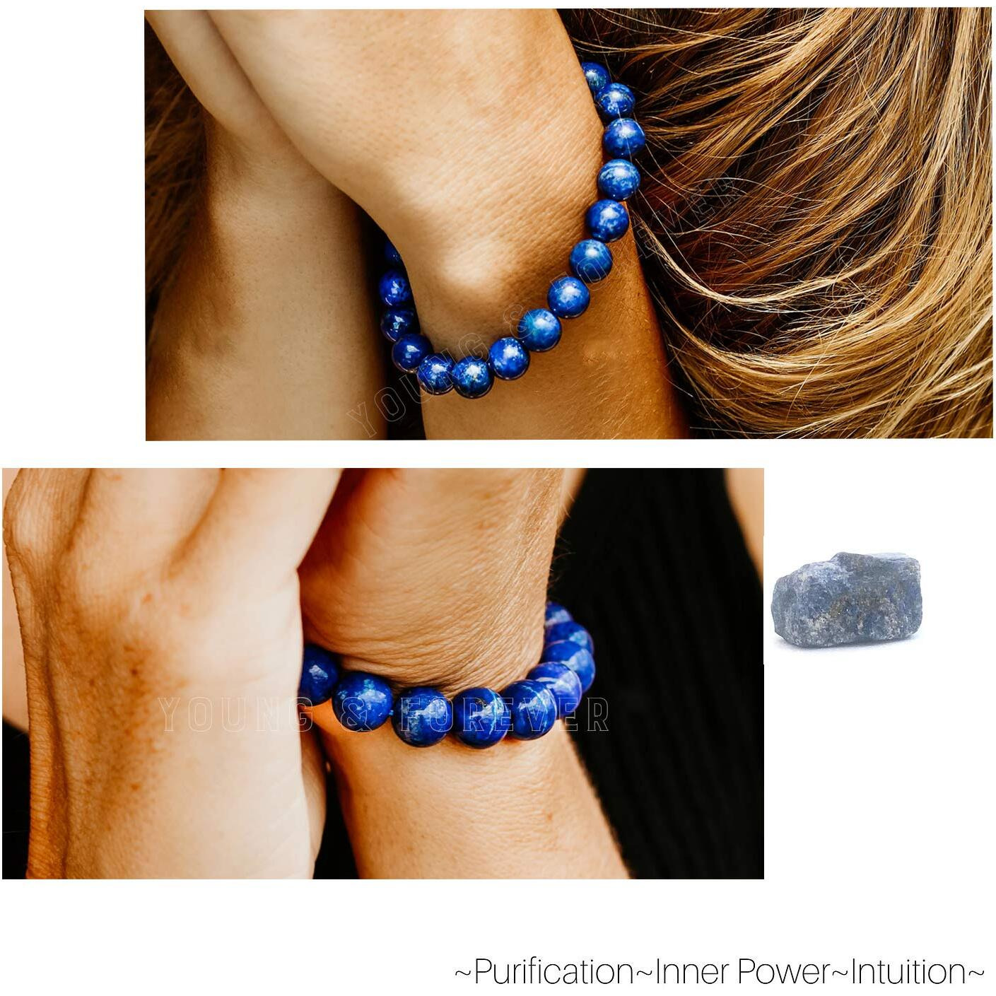 Young & Forever Gift Reiki Crystal Semi Precious Gemstone Lapis Lazuli Bracelet for Building Intution Energy Healing Stone Stretch Bracelet for Men and Women