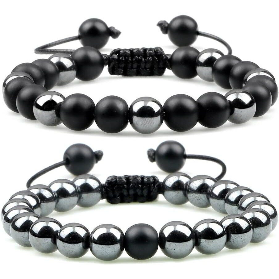 Couple Beads Long Distance Bracelets with Natural Stones and Healing Properties - His & Hers Matching Set. (Shadow Steel Bracelets (Onyx + Hematite))