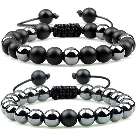Couple Beads Long Distance Bracelets with Natural Stones and Healing Properties - His & Hers Matching Set. (Shadow Steel Bracelets (Onyx + Hematite))