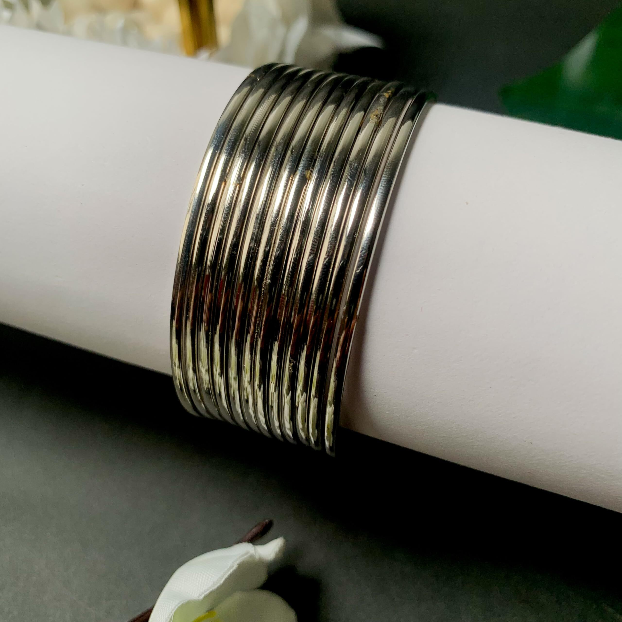 I Jewels Ethnic Silver Oxidized Traditional Plain Bangle Set For Women (ADB158S-a) (Set of 24 Bangles)