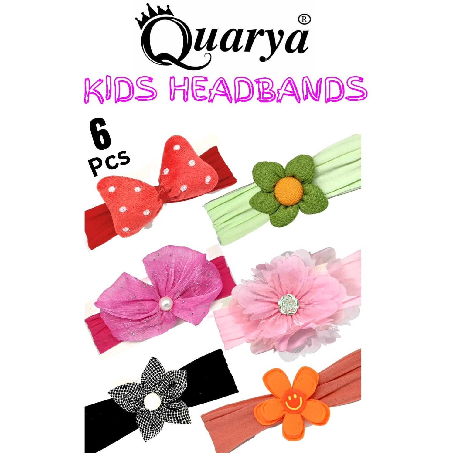Quarya Baby Girl Hairband Headband Elastic Lace Hair Wrap with Cartoon Figure Bow For Kids Toddlers Hair Accessories Multicolour Mix Designs (Pack of 6)(Band1)