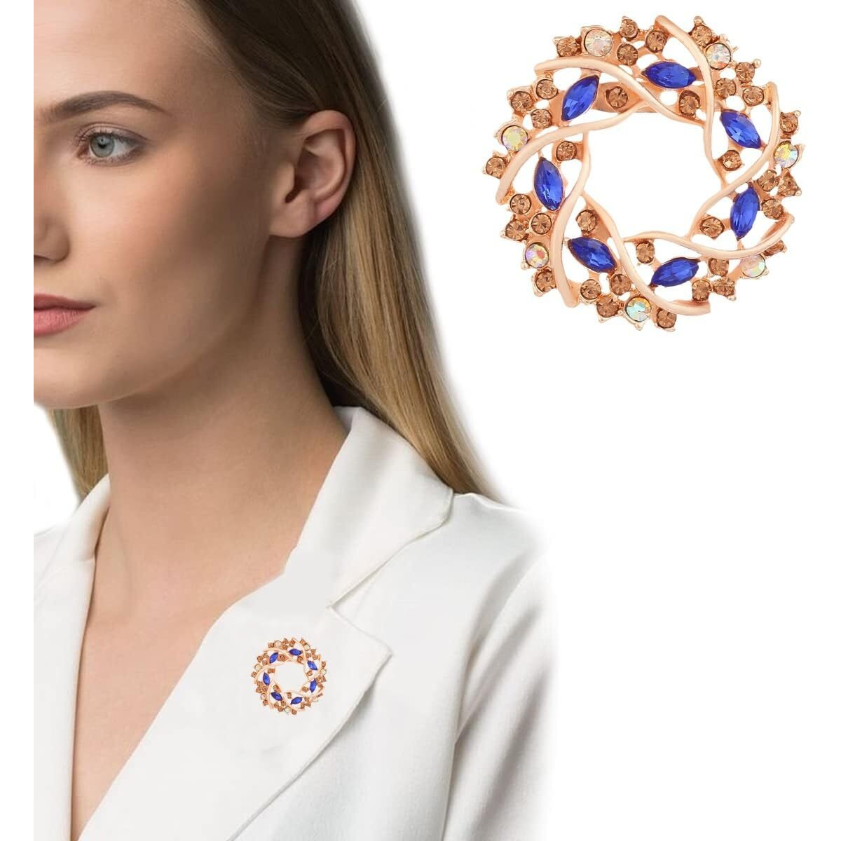 VAMA Golden Crystal Stone Saree Brooch Pins Floral Coat Dress Gown Shawl Wedding Bridal Brooch Accessories for Women & Girls (Blue wedding Brooch)