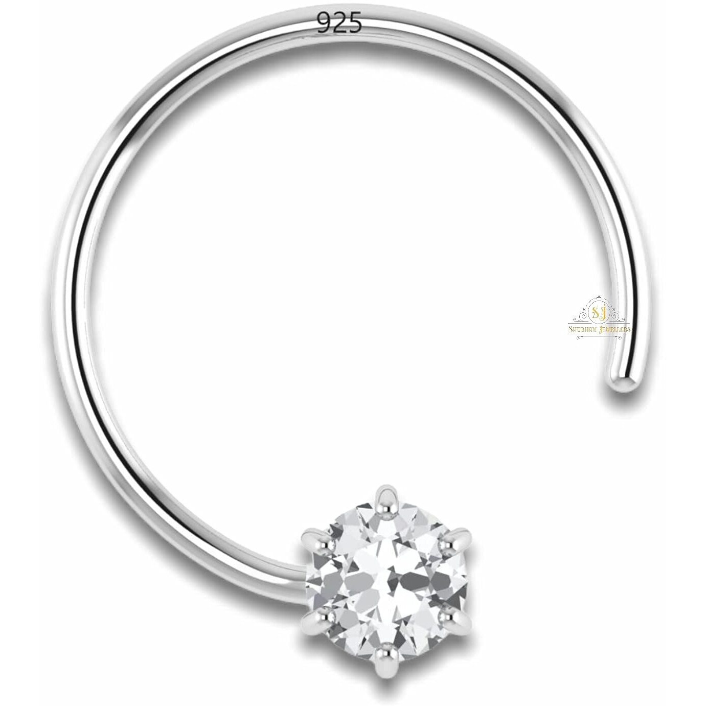 SJ SHUBHAM JEWELLERS 92.5-925 Sterling Silver Round Shape White Cubic Zirconia Prong Setting Nose Pin Stud for Women Girls Size 2mm