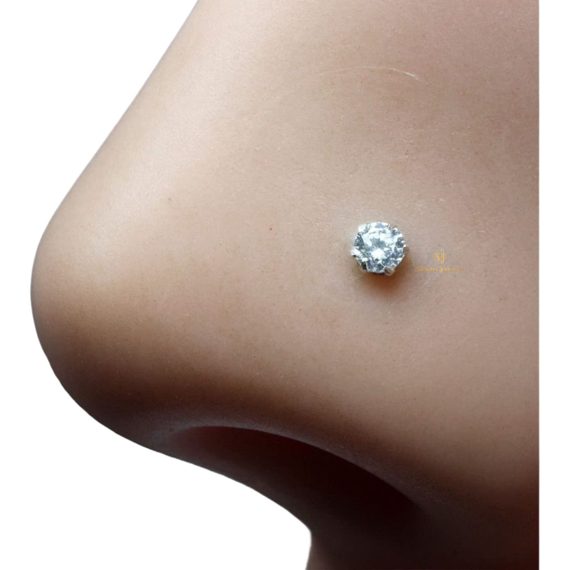 SJ SHUBHAM JEWELLERS 92.5-925 Sterling Silver Round Shape White Cubic Zirconia Prong Setting Nose Pin Stud for Women Girls Size 2mm