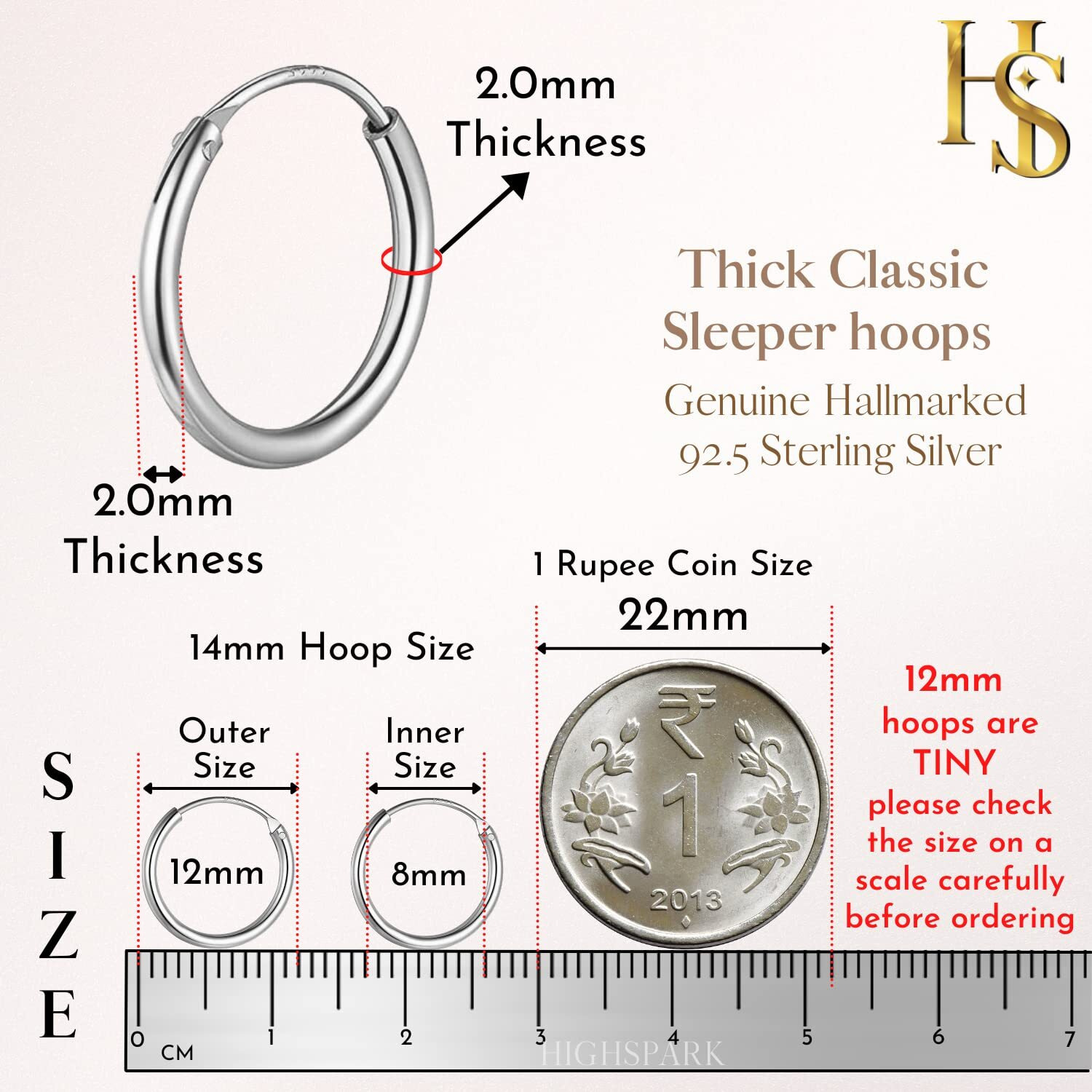 HIGHSPARK 925 Silver Hoop Earrings | 92.5 Sterling Silver Round Classic Thick Hoop Size 12mm to 20mm - Gauge 12G ie Thickness 2.0mm | Lovely Gift for Women & Girls - Silver 12mm