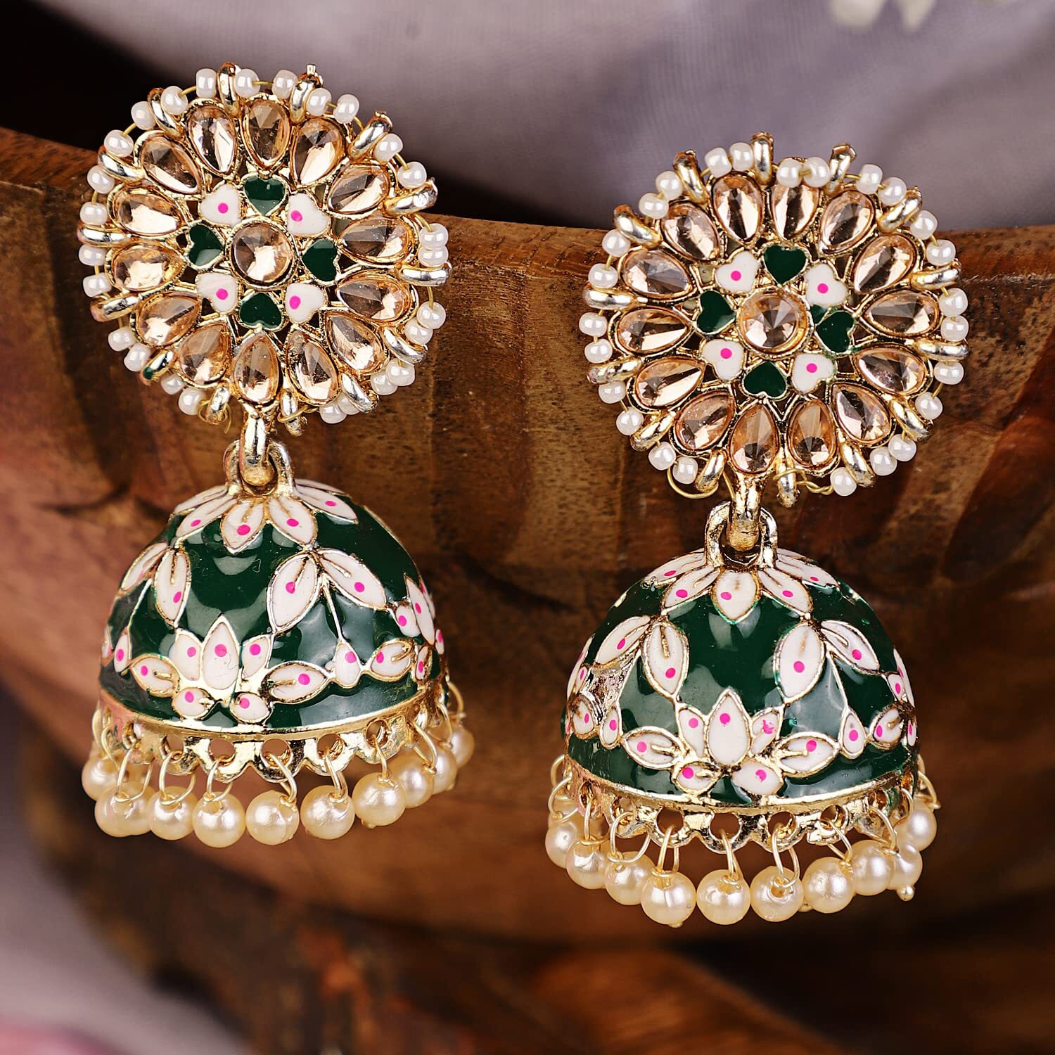Shining Diva Fashion Latest Stylish Traditional Gold Plated Jhumki Earrings for Women & Girls (13608er), Gold Green, One Size