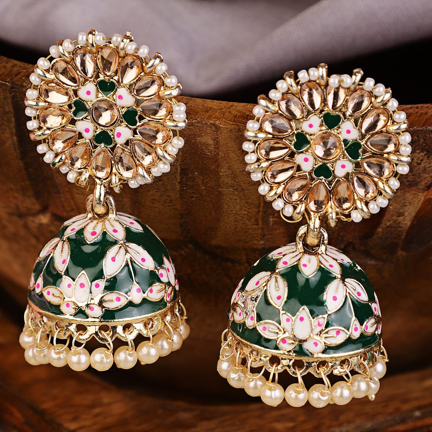 Shining Diva Fashion Latest Stylish Traditional Gold Plated Jhumki Earrings for Women & Girls (13608er), Gold Green, One Size