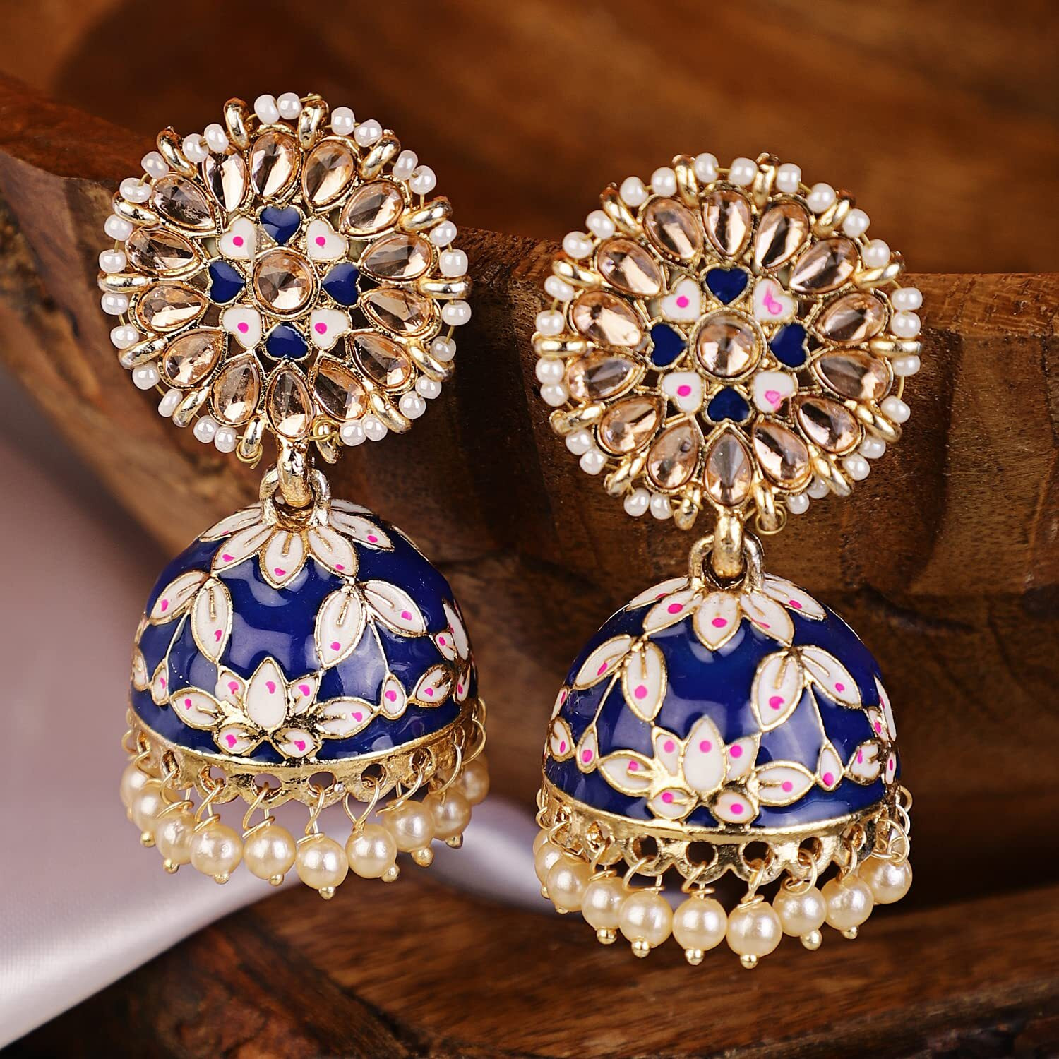 Shining Diva Fashion Latest Stylish Traditional Gold Plated Jhumki Earrings for Women & Girls (13613er), Gold Blue, One Size