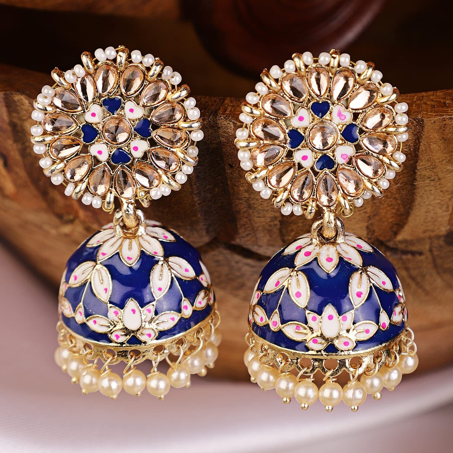 Shining Diva Fashion Latest Stylish Traditional Gold Plated Jhumki Earrings for Women & Girls (13613er), Gold Blue, One Size