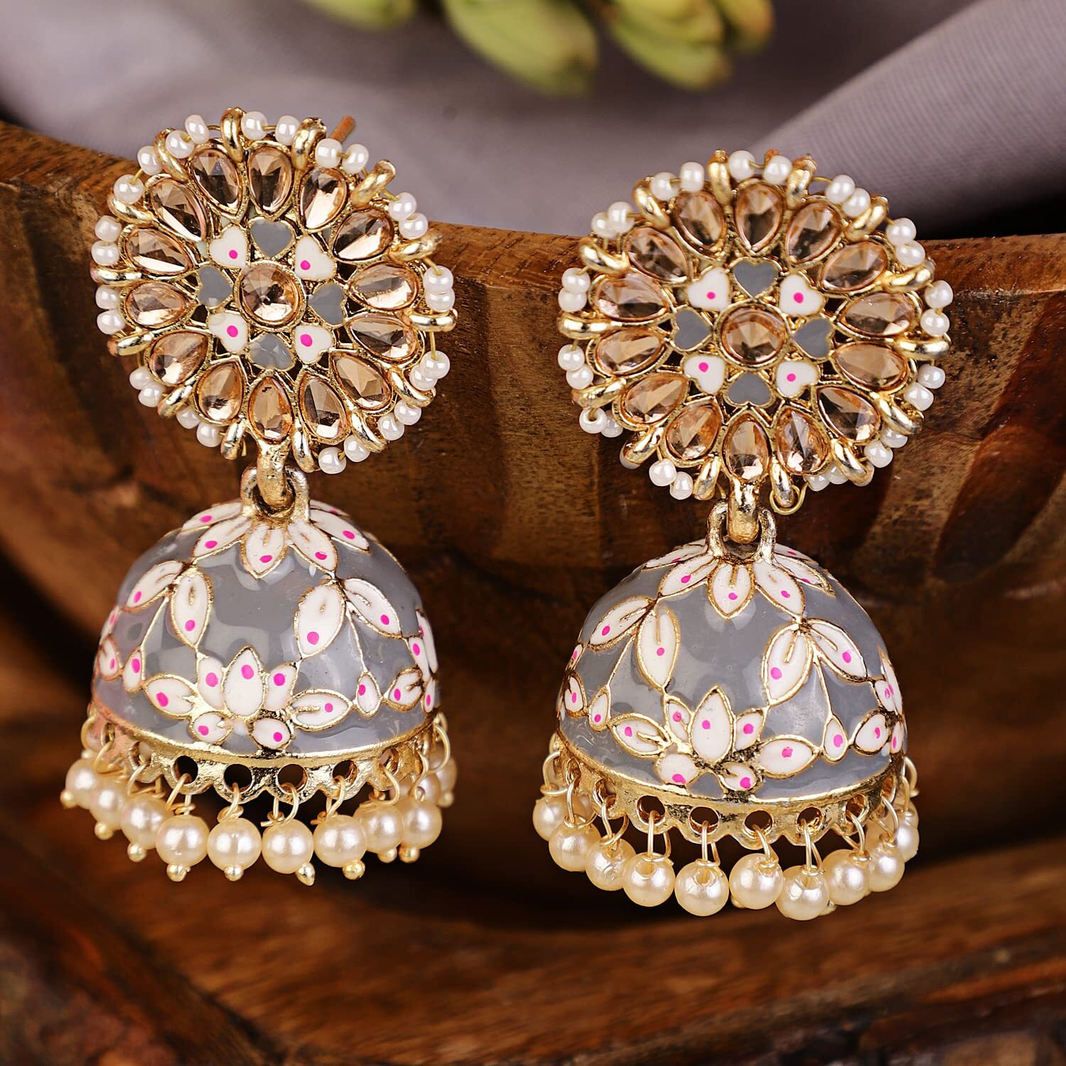 Shining Diva Fashion Latest Stylish Traditional Gold Plated Jhumki Earrings for Women & Girls (13614er), Gold Grey, One Size
