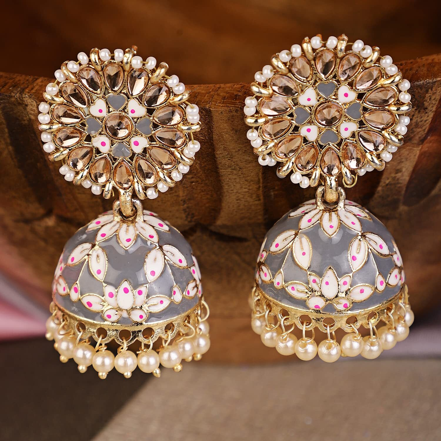 Shining Diva Fashion Latest Stylish Traditional Gold Plated Jhumki Earrings for Women & Girls (13614er), Gold Grey, One Size
