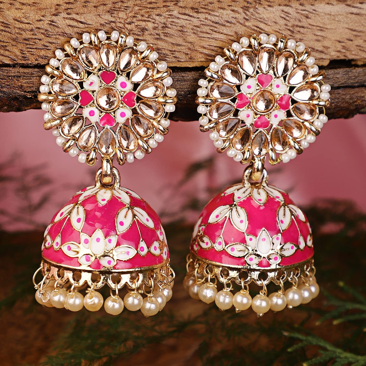 Shining Diva Fashion Latest Stylish Traditional Gold Plated Jhumki Earrings for Women & Girls (13606er), Gold Pink, One Size