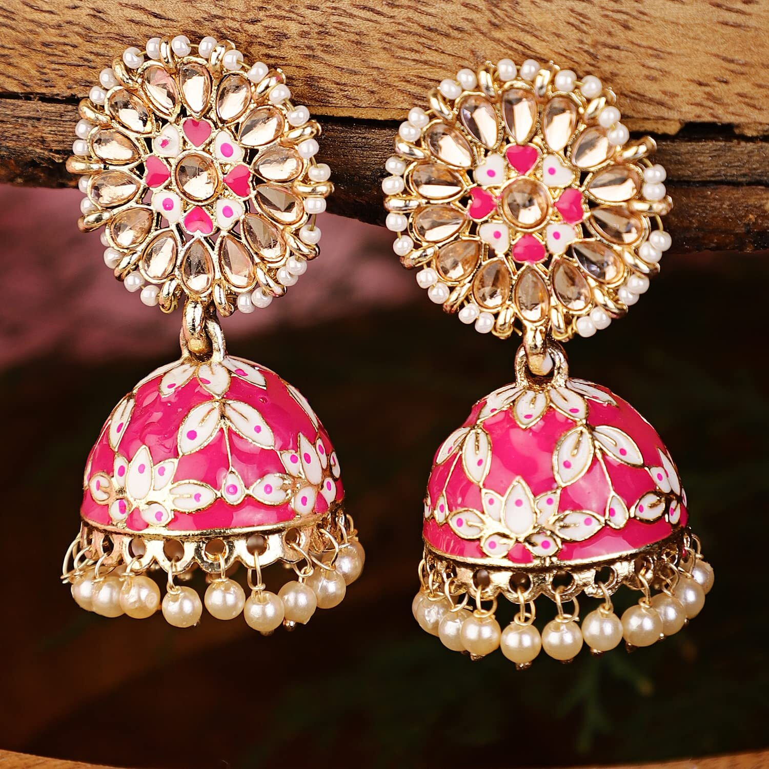 Shining Diva Fashion Latest Stylish Traditional Gold Plated Jhumki Earrings for Women & Girls (13606er), Gold Pink, One Size