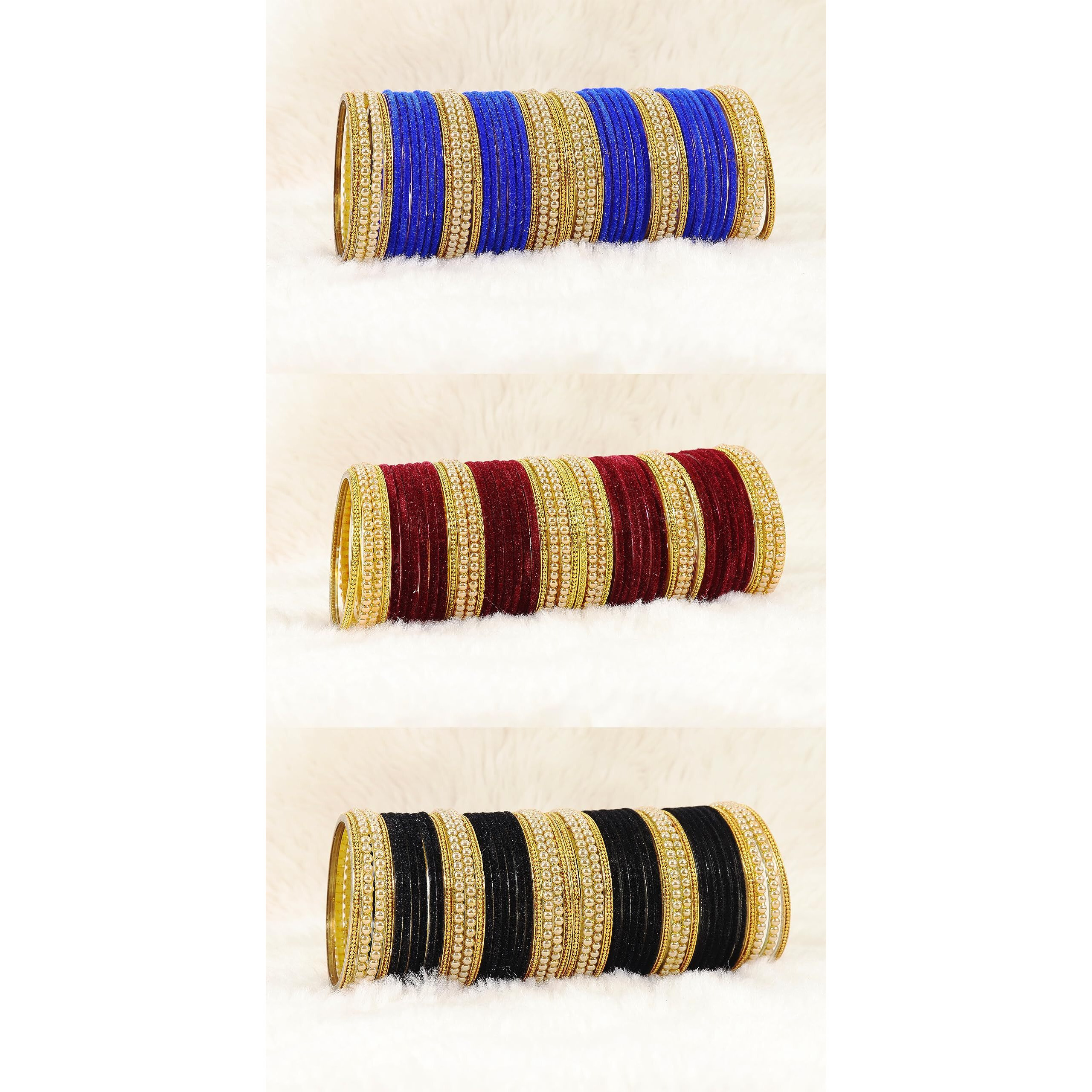 NMII Glass with Premium Velvet, Pearls and Ballchain Studded Fancy Bangles Set For Womens and Girls | Multicolour Stylish Bangles Set- Pack of 144 Bangles, (MultiColour-2.2 Inches)