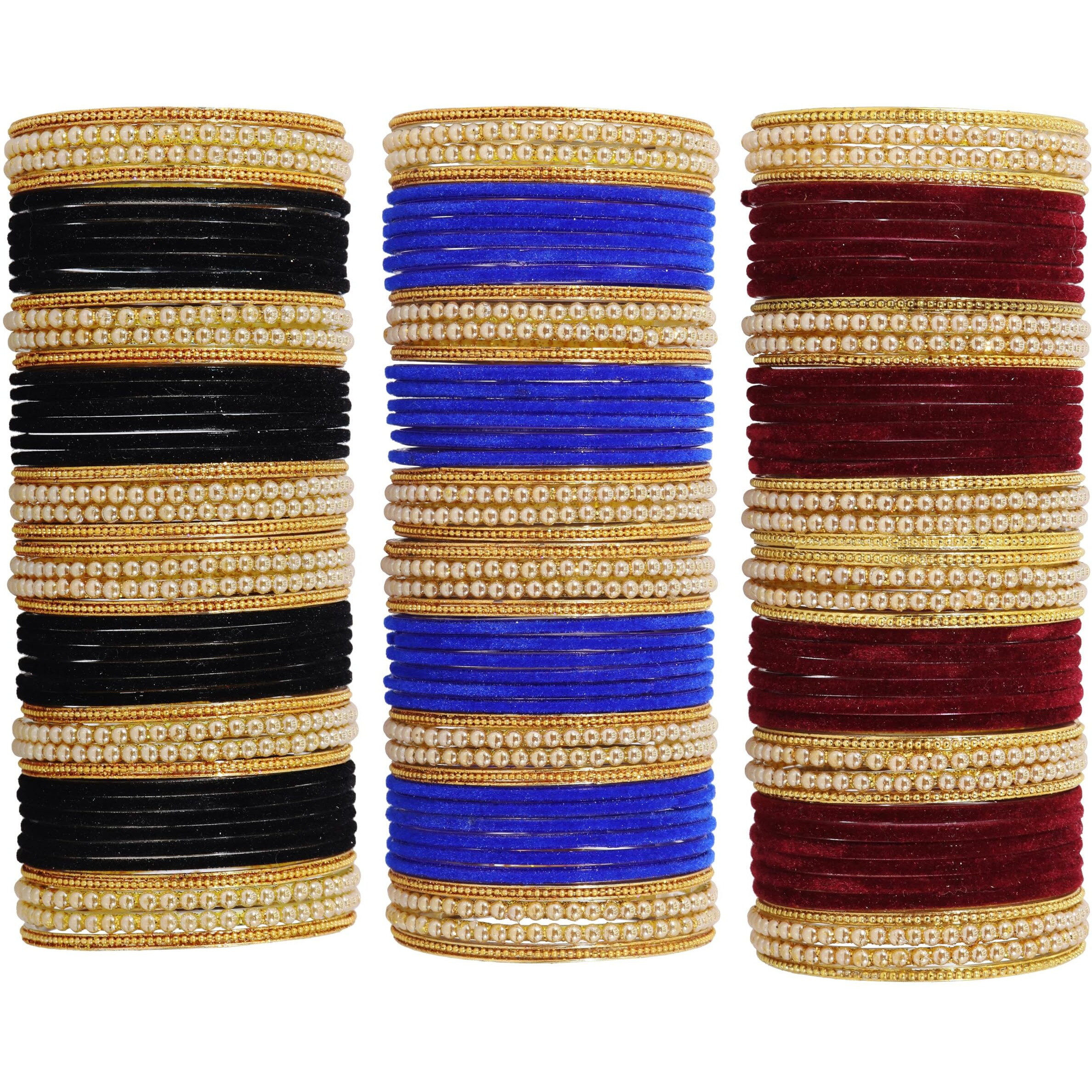 NMII Glass with Premium Velvet, Pearls and Ballchain Studded Fancy Bangles Set For Womens and Girls | Multicolour Stylish Bangles Set- Pack of 144 Bangles, (MultiColour-2.2 Inches)