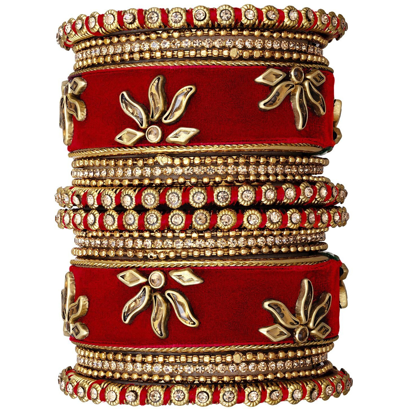 Peora Gold Plated Red Velvet Silk Thread Chuda Chura Bangle Set Jewellery for Women Girls (Size - 2.6)
