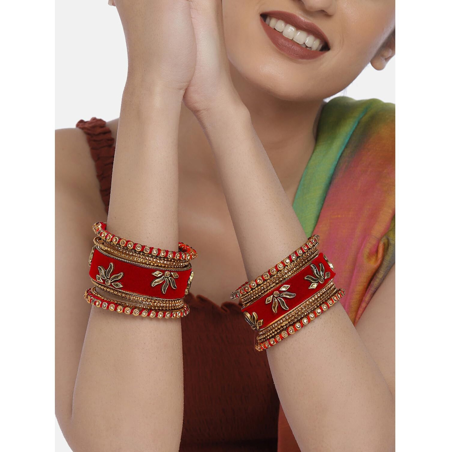 Peora Gold Plated Red Velvet Silk Thread Chuda Chura Bangle Set Jewellery for Women Girls (Size - 2.6)
