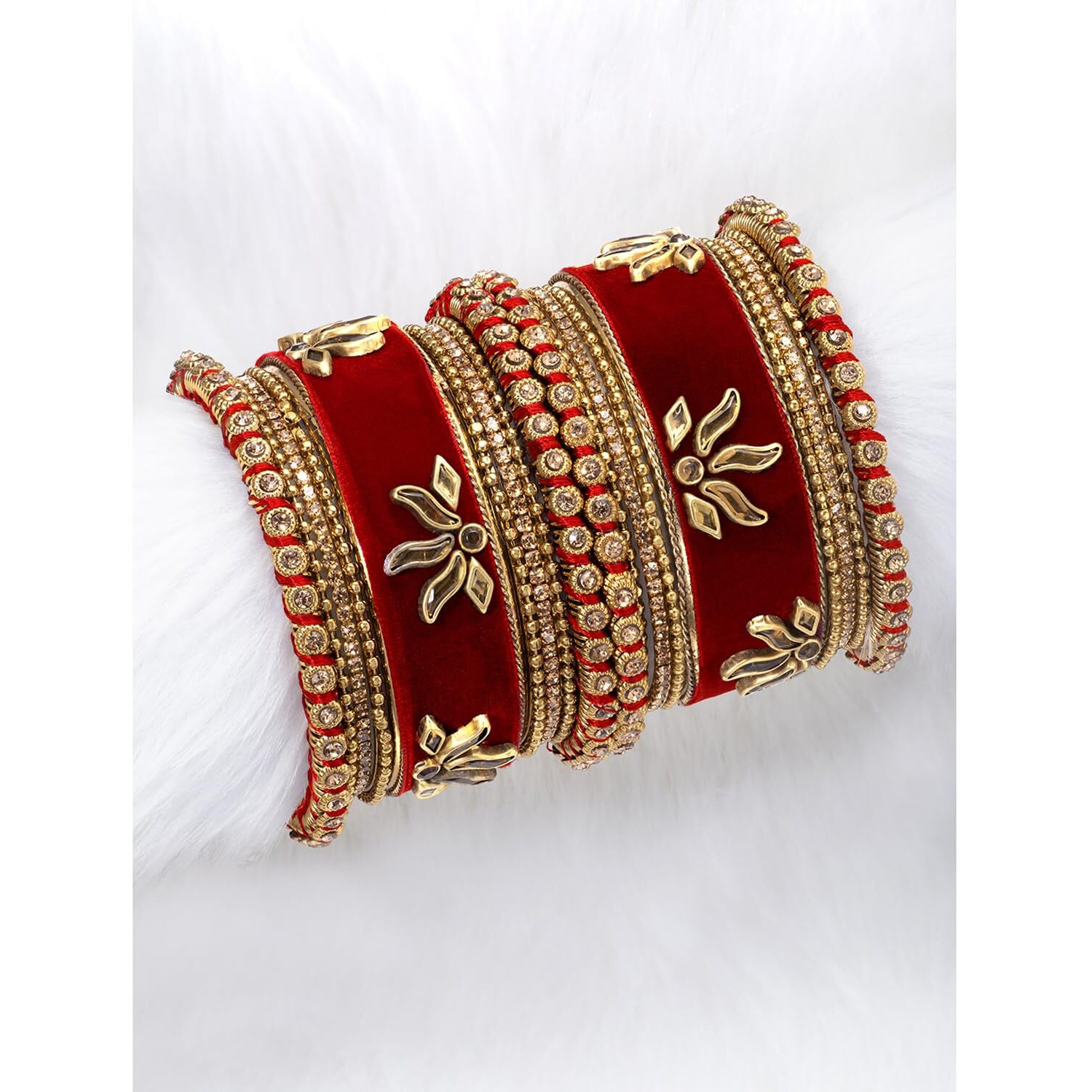 Peora Gold Plated Red Velvet Silk Thread Chuda Chura Bangle Set Jewellery for Women Girls (Size - 2.6)