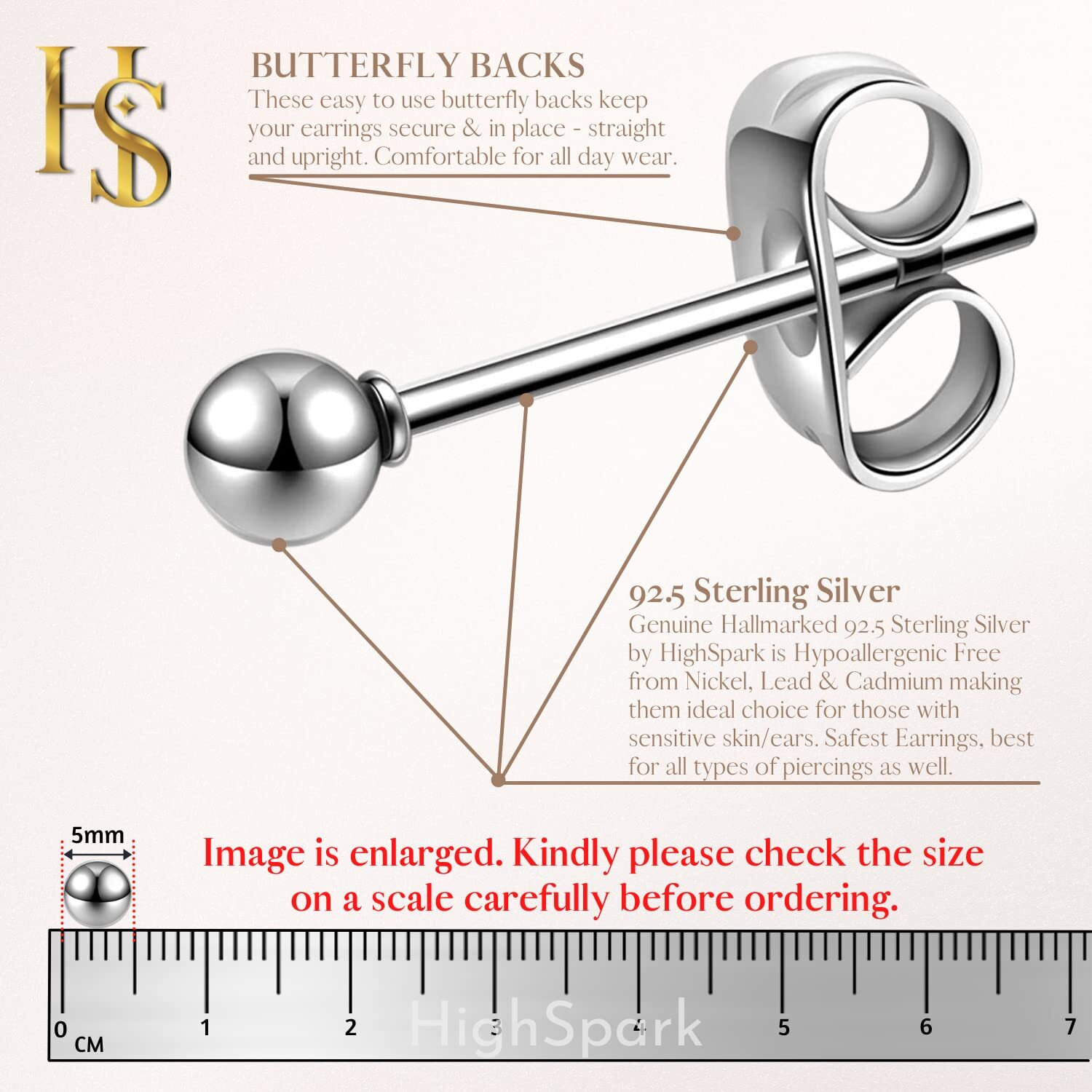 HIGHSPARK 925 Silver Ball Earrings | 92.5 Sterling Silver Plain Ball Stud Earrings for Women Men Boys & Girls | Silver 5mm