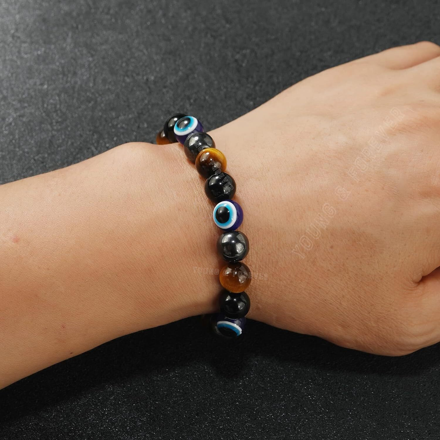 Young & Forever Evil Eye Original Black Tourmaline Nazariya Green Bead Tiger Eye Beads Women Bracelet for Men Nazar Hand Bracelets Accessories Woman Girls