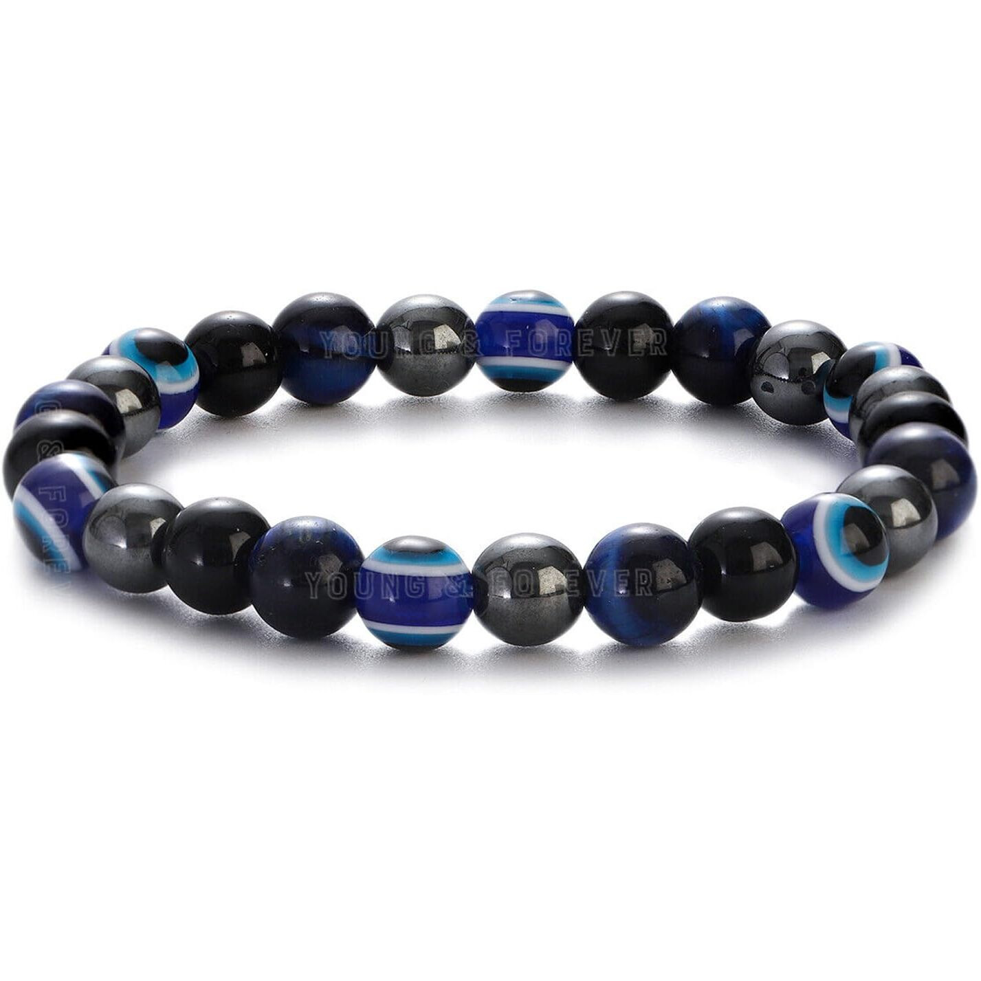 Young & Forever Evil Eye Original Black Tourmaline Beads Nazariya Triple Protection Blue Tiger Eye Bead Women Bracelet for Men Nazar Hand Bracelets Accessories Woman Girls