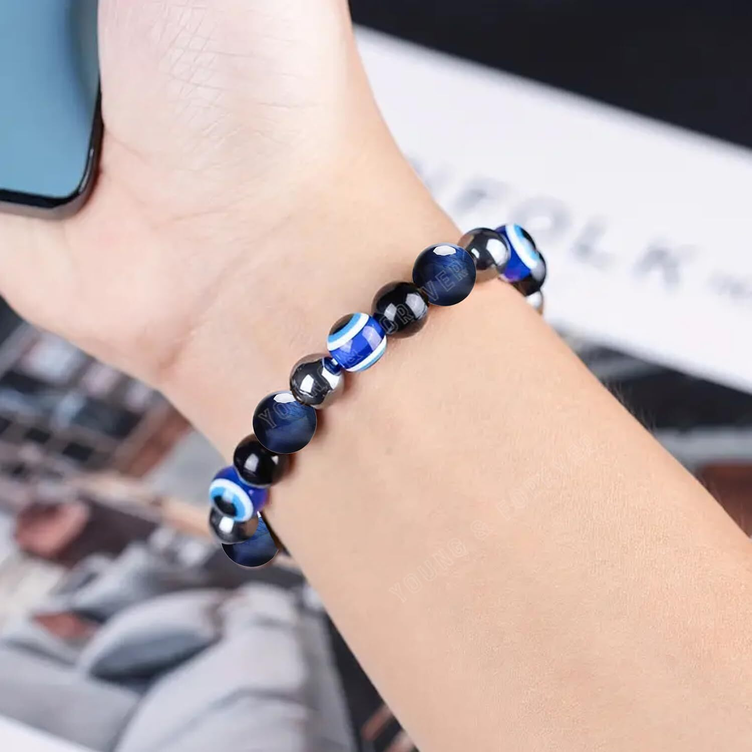 Young & Forever Evil Eye Original Black Tourmaline Beads Nazariya Triple Protection Blue Tiger Eye Bead Women Bracelet for Men Nazar Hand Bracelets Accessories Woman Girls